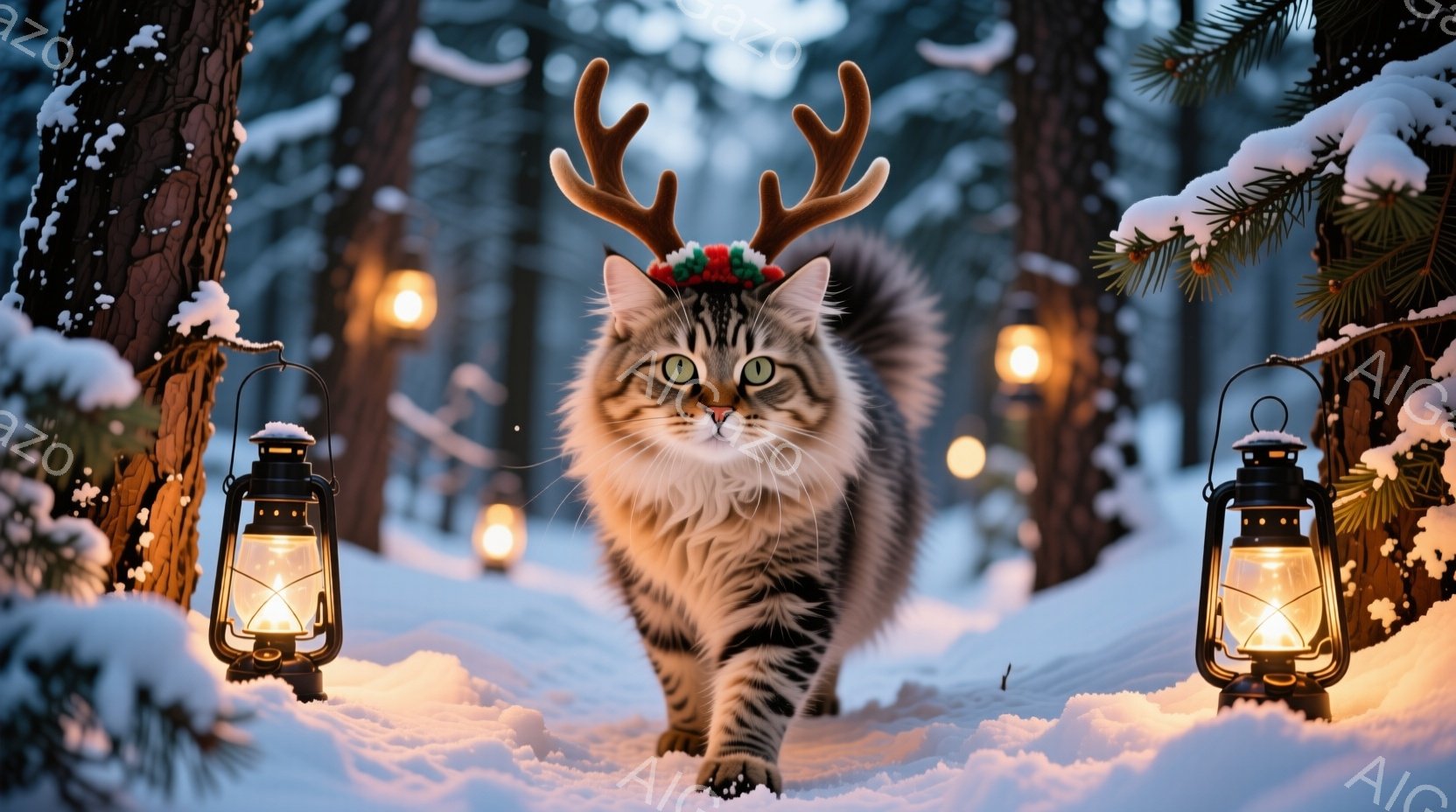 白い雪景色の中、灰色の縞模様の長い毛並みの猫が、頭に小さな角と赤いリボンをつけてまっすぐカメラに向かって歩いてくる。背景には、ぼんやりと光るランタンが並び、雪に覆われた木々が幻想的な雰囲気を醸し出して - AI生成フリー素材