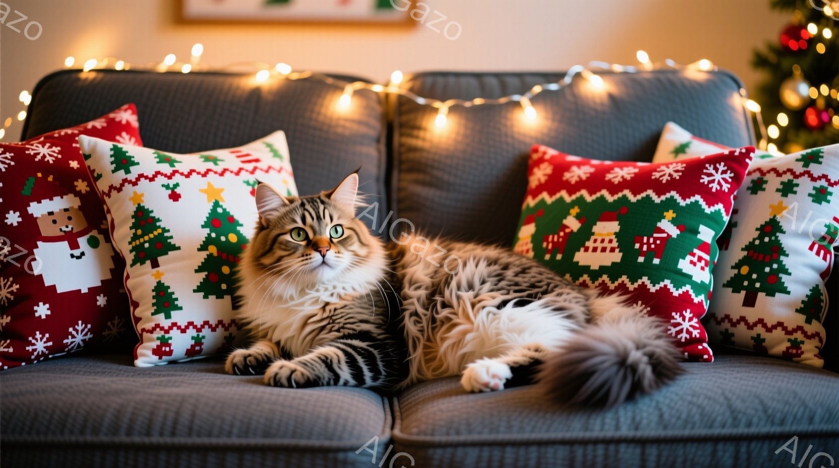 長毛の縞模様の猫が、クリスマスの柄のクッションに挟まれてソファでリラックスして横たわっています。猫は穏やかな表情で、前足を揃えて落ち着いた姿勢を見せています。背景には、ぼやけたクリスマスツリーと、暖色 - AI生成フリー素材