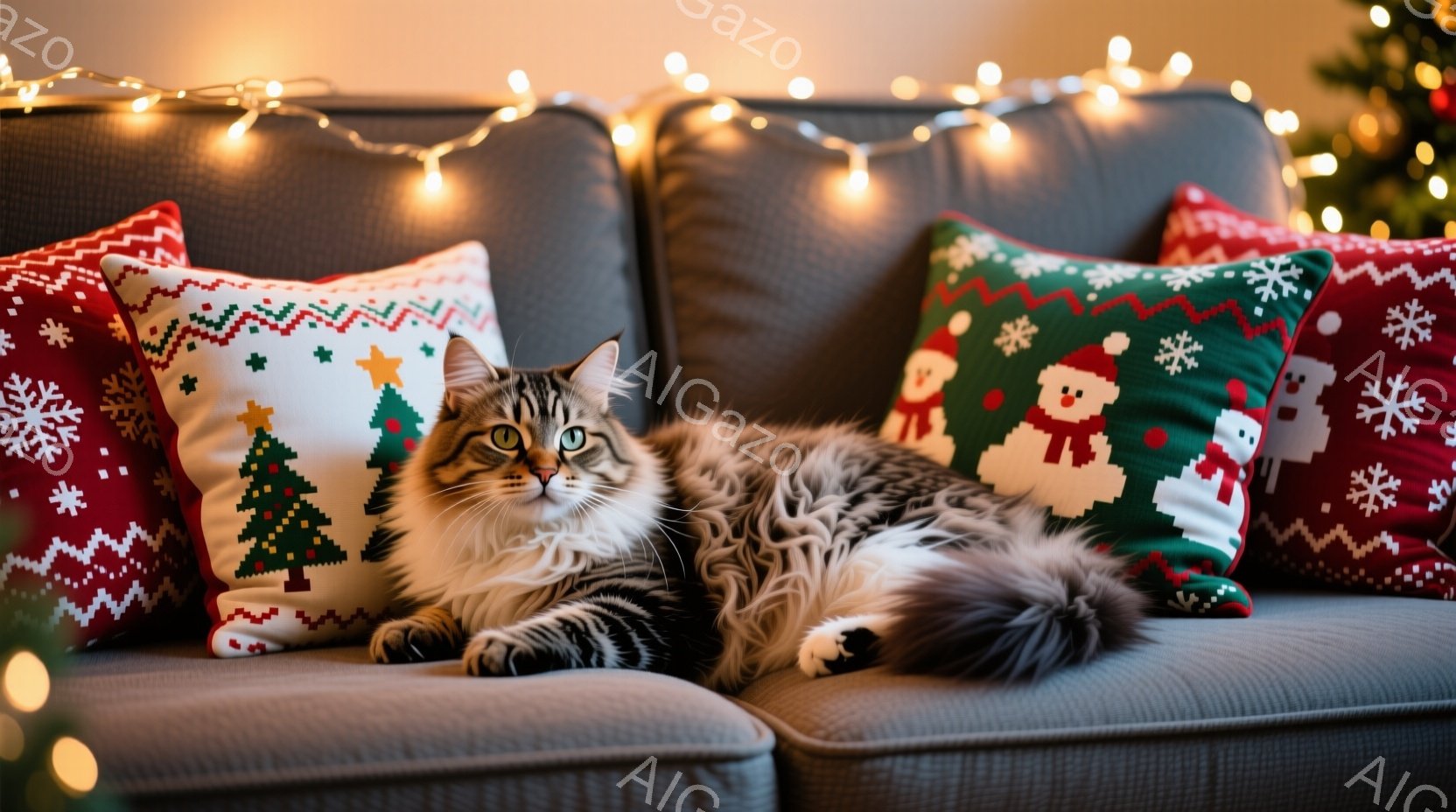 長毛の灰色の猫が、クリスマスの柄のクッションに囲まれた灰色のソファでくつろいでいます。猫はリラックスした表情で、前足を少し伸ばし、カメラを見つめています。背景にはぼんやりとクリスマスツリーの光が輝き、 - AI生成フリー素材