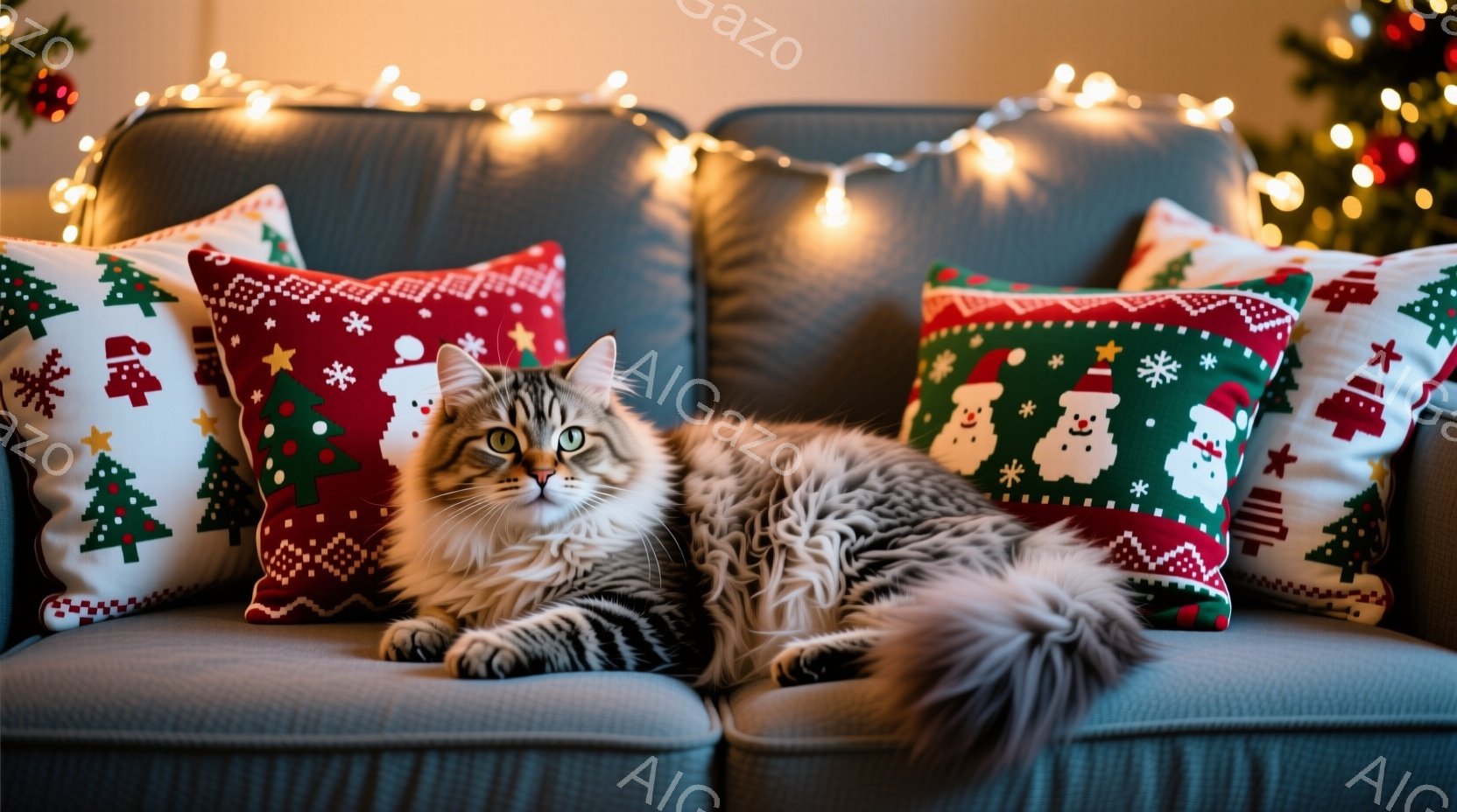 灰色のソファに縞模様の猫が横たわっています。猫はリラックスした様子で、前足を伸ばしてうつ伏せになっており、大きなふさふさの尾がソファに広がっています。背景にはクリスマスをテーマにしたクッションと、暖か - AI生成フリー素材