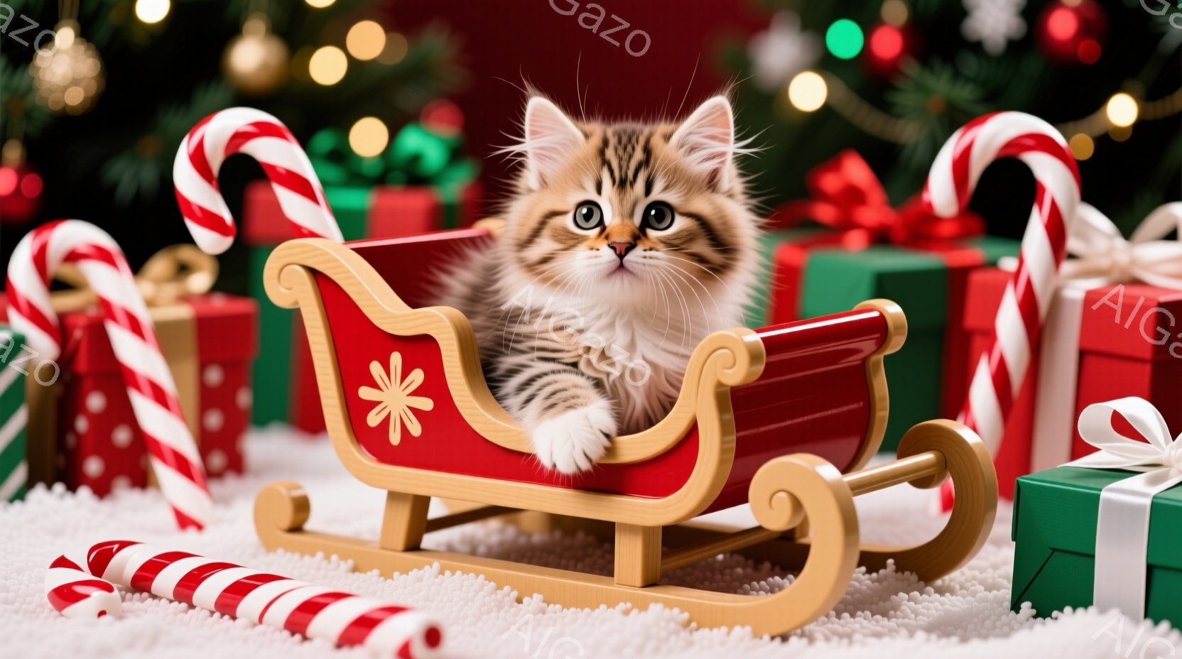 小さな縞模様の猫が赤いそりに乗っています。猫は前足をそりの縁につけており、好奇心と少しの驚きを込めた表情で正面を見ています。背景には、プレゼントやキャンディケーンが散りばめられ、白い雪の上に置かれたク - AI生成フリー素材