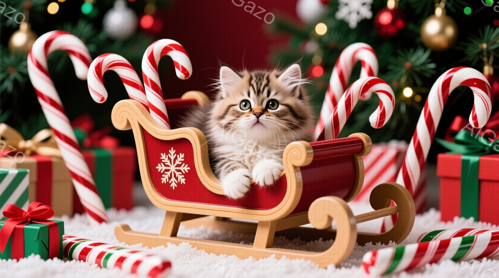 白い毛並みと縞模様の小さな子猫が、赤いそりにちょこんと座っています。背景には、緑と赤のプレゼントボックス、キャンディケーン、そしてぼやけたクリスマスツリーの飾りが見え、冬の暖かくお祝いムードが漂ってい - AI生成フリー素材