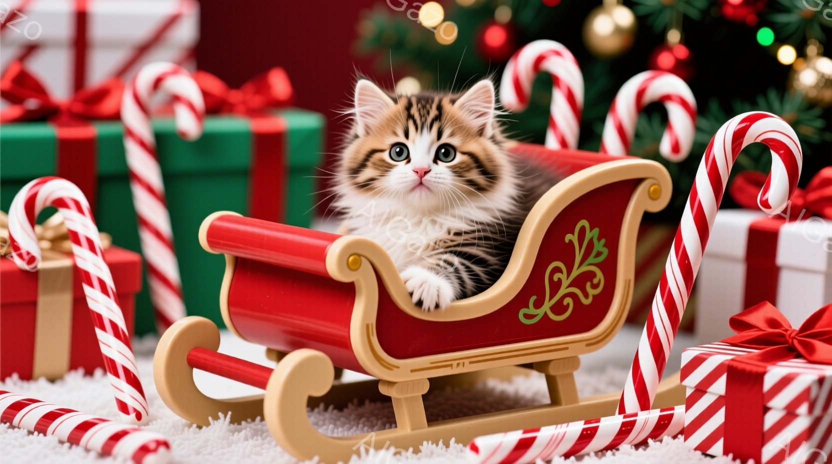 小さな子猫が赤いそりに座っており、大きな丸い目でカメラを見つめている。背景には、クリスマスのプレゼントボックスやキャンディケーンが散りばめられ、冬の祝祭の雰囲気を醸し出している。全体的に、暖かく、かわ - AI生成フリー素材