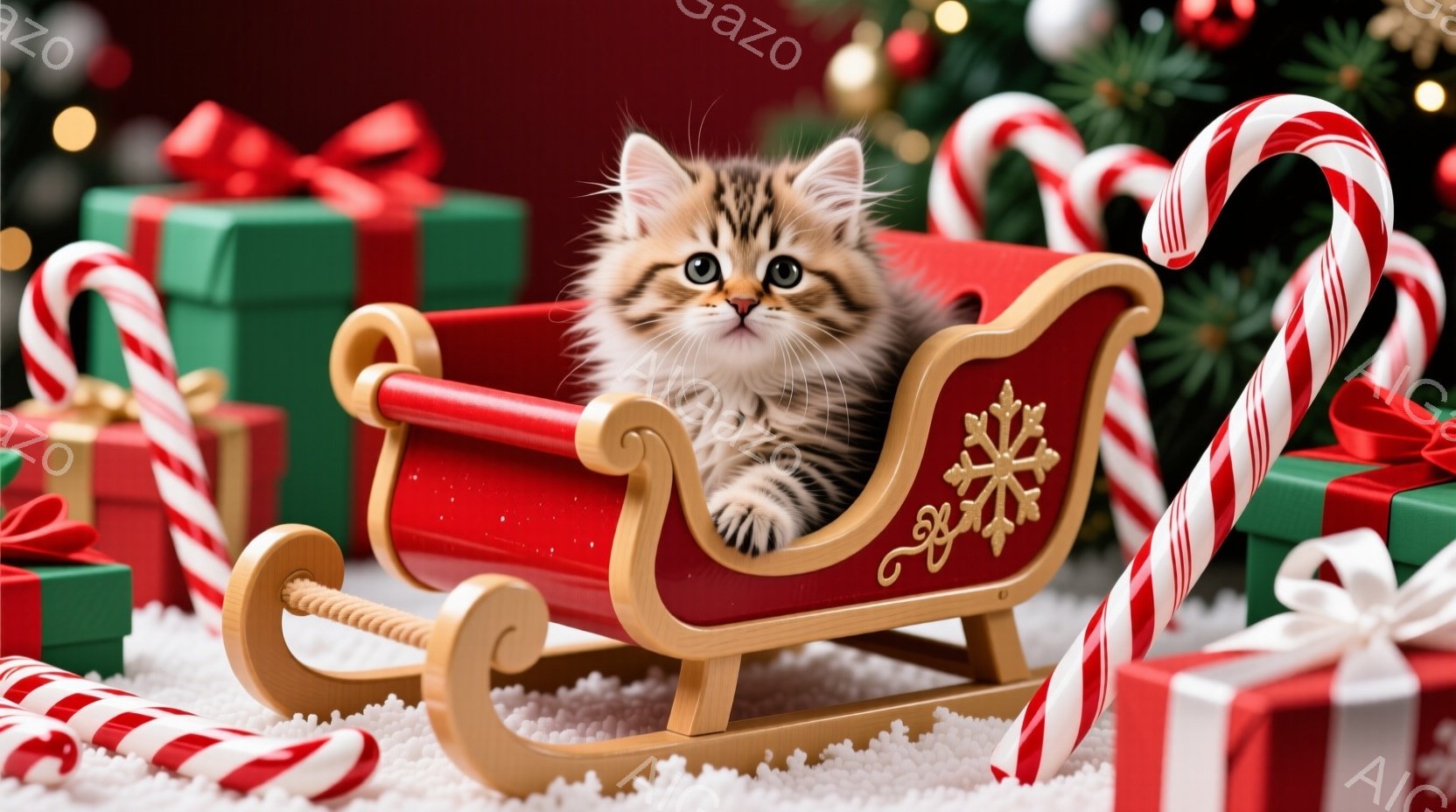 縞模様の小さな子猫が、赤いそりに丸まって座っています。周囲には緑色のリボンのかかったプレゼントや、赤と白のキャンディケーンが散りばめられ、白い雪のような背景が広がっています。全体的に暖かく、お祝いムー - AI生成フリー素材