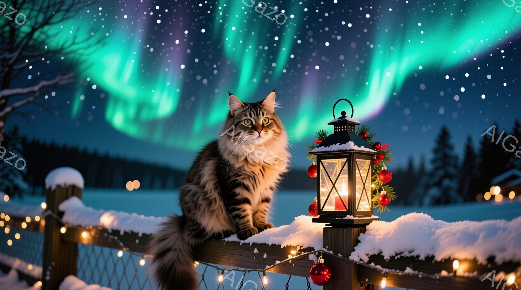 長毛の縞模様の猫が雪積もった柵の上に座っており、クリスマスオーナメントで飾られたランタンが近くに設置されている。背景には暗い森と、オーロラのように輝く美しい夜空が広がり、幻想的な冬の雰囲気を醸し出して - AI生成フリー素材