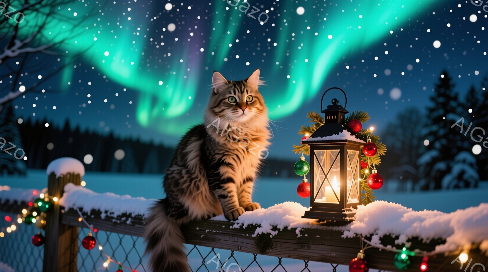 白い雪に覆われた柵の上に、縞模様の猫が優雅に座っています。背後には、クリスマスの飾りで彩られたランタンと、オーロラのような幻想的な光が広がっています。全体的に、静かで温かく、おとぎ話のような冬の雰囲気 - AI生成フリー素材