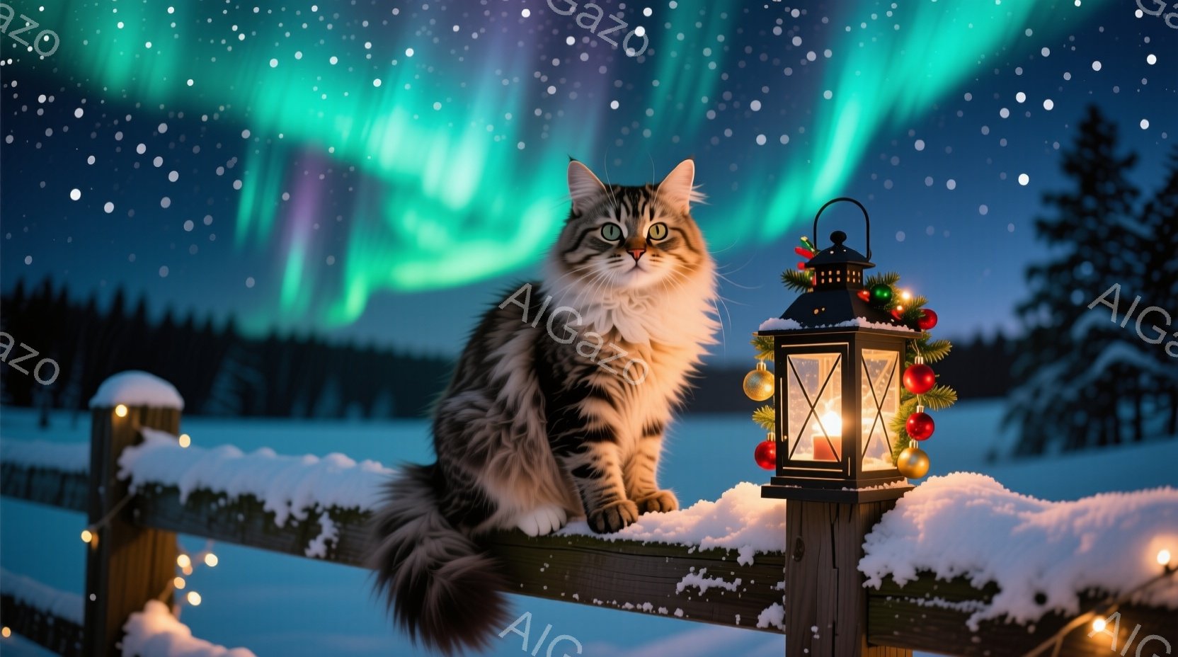 長毛の縞模様の猫が雪に覆われた木の柵の上に座っており、穏やかな表情で正面を見つめている。背景には、緑と紫のオーロラが広がり、雪景色の中に飾られた提灯が暖かく光っている。全体として、冬の夜の静かで幻想的 - AI生成フリー素材