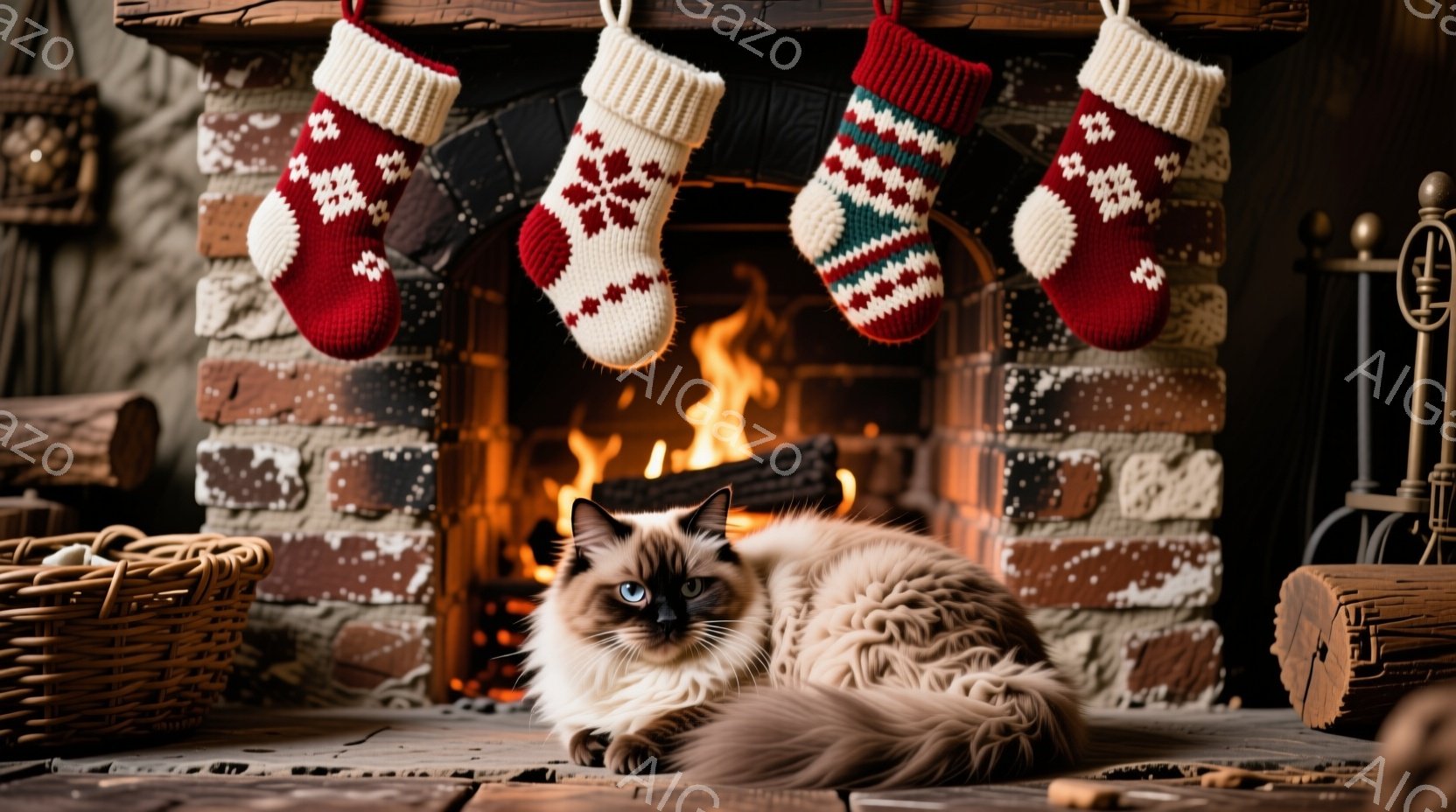白い毛並みの美しい猫が暖炉の前で丸まって座っています。暖炉には赤いクリスマスストッキングが飾られ、内部には炎が燃え盛り、温かい雰囲気を醸し出しています。背景にはレンガ造りの暖炉と薪、そして籐で編まれた - AI生成フリー素材
