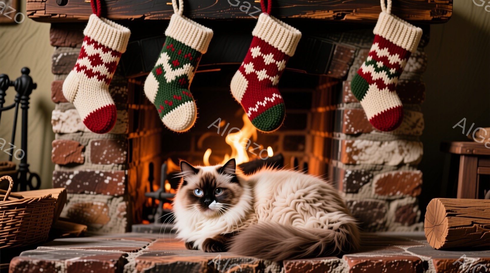 暖炉の前に、美しいシャム猫が優雅に横たわっています。猫は青い目を持ち、クリーム色と茶色の毛並みが特徴的で、リラックスした様子が伺えます。暖炉にはカラフルなクリスマスストッキングが掛けられ、背景には薪が - AI生成フリー素材