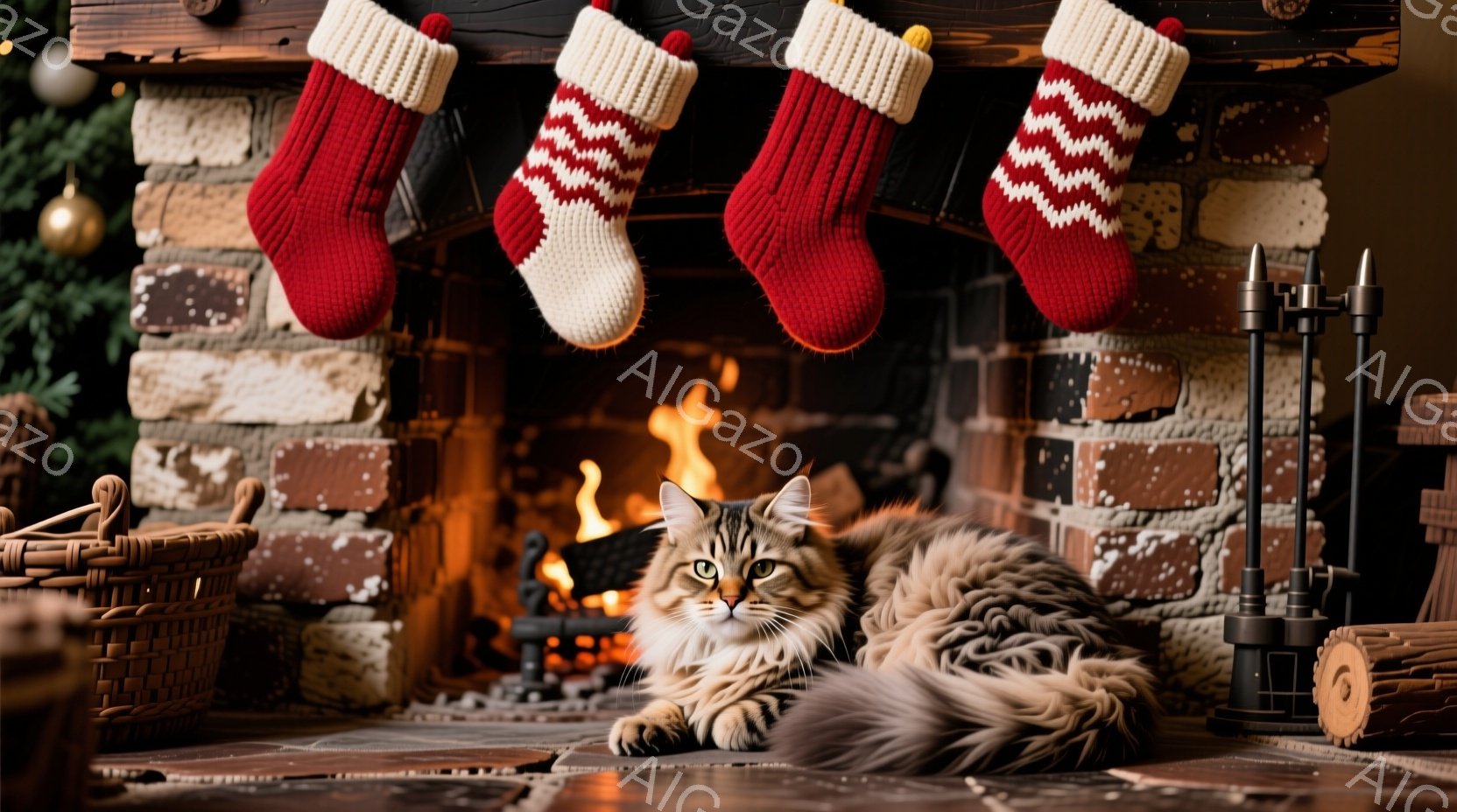 暖炉の前で、ふわふわの灰色の猫がリラックスして横たわっています。赤いクリスマスストッキングが暖炉の上に飾られ、背景にはクリスマスツリーの一部が見えます。暖炉の火が暖かく、部屋全体を温かい雰囲気に包んで - AI生成フリー素材