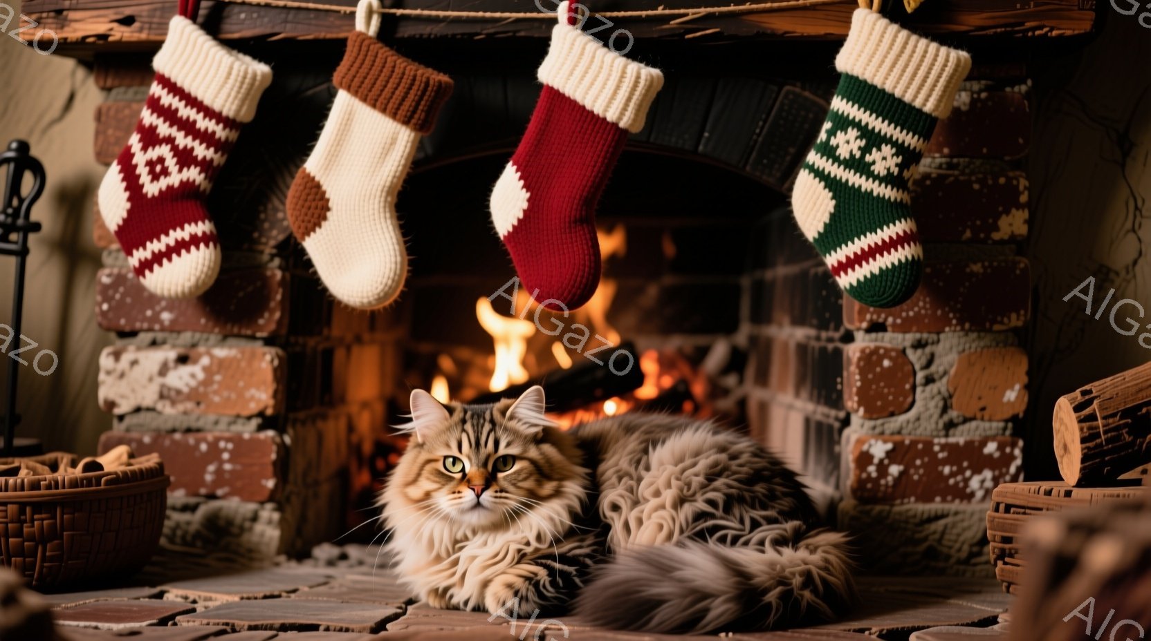 茶色のレンガ造りの暖炉の前に、毛並みの美しい縞模様の猫が丸まって休んでいます。暖炉からは炎が燃え盛り、暖かく心地よい雰囲気を作り出しており、上に吊るされたクリスマスソックスが季節感を添えています。周囲には薪の入ったバスケットが置かれ、冬の暖炉の温かさと猫の穏やかな姿が印象的な写真です。