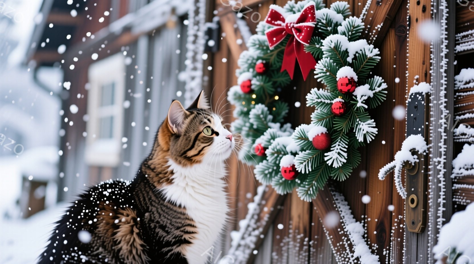 白と茶色の模様の猫が、雪化粧されたクリスマスリースを見上げています。背景には木製のドアと雪景色が広がり、冬の静寂な雰囲気を醸し出しています。猫は好奇心旺盛な表情で、クリスマスの装飾に興味津々な様子が伺 - AI生成フリー素材