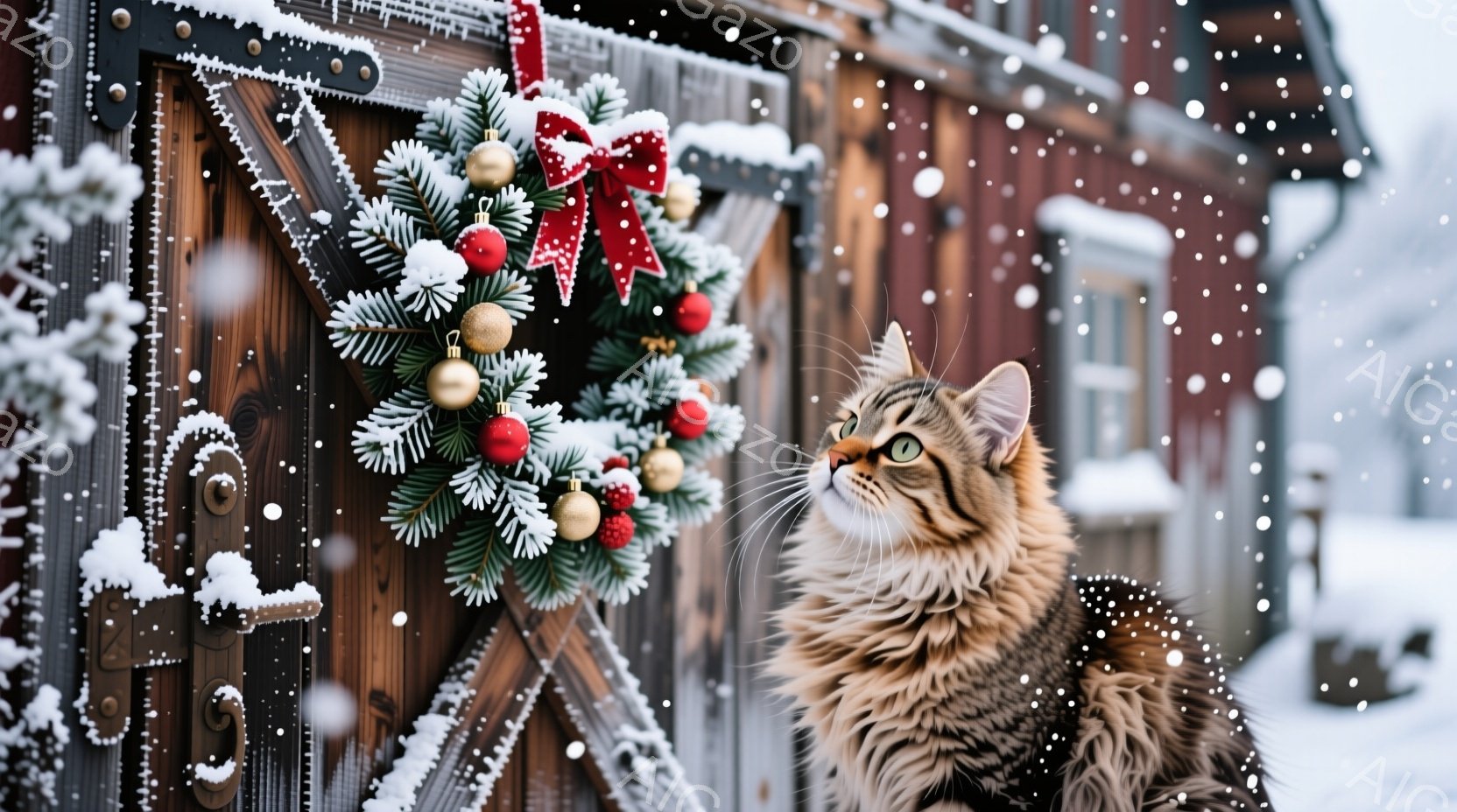 茶色と黒の縞模様の猫が、雪の積もった木のドアに取り付けられたクリスマスリースを見上げています。ドアは古びた質感で、雪が縁や隙間に積もっています。背景は雪景色で、静かで穏やかな冬の雰囲気が漂っています。 - AI生成フリー素材