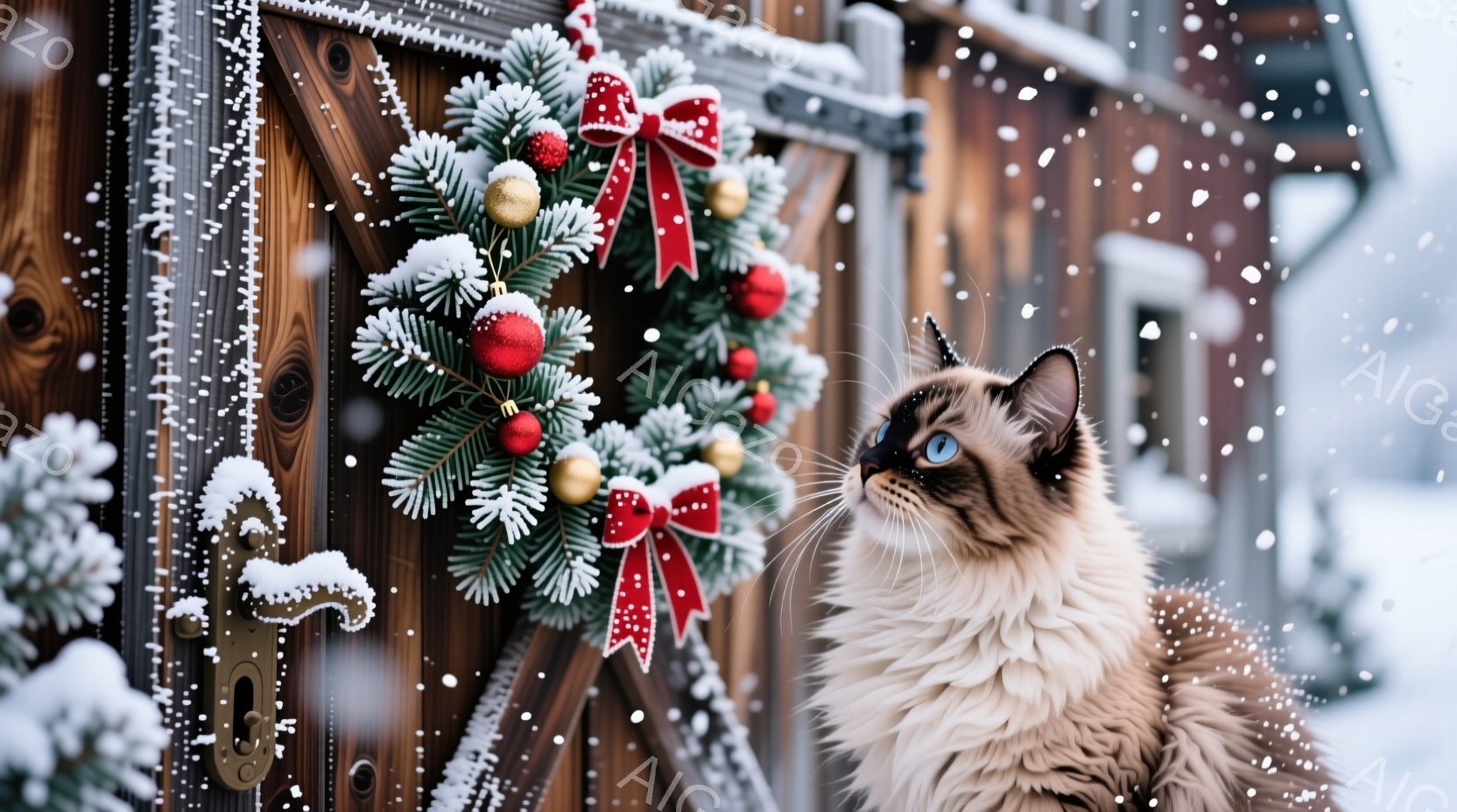 クリーム色の毛並みを持つ美しい猫が、雪に覆われた木製のドアに取り付けられたクリスマスリースを見上げています。背景は雪が降り積もり、冬の静寂と温かさを感じさせる光景です。猫の青い瞳と、リースに施された赤 - AI生成フリー素材