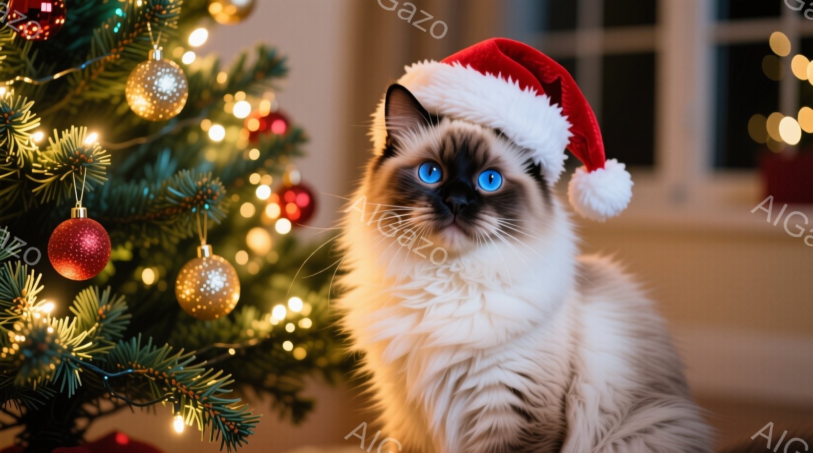 ふわふわのクリーム色の毛並みを持つ、美しいシャムミックスの猫がクリスマスツリーの前で座っています。頭には赤いサンタ帽がちょこんと乗せられ、青い瞳がカメラを見つめています。背景には緑豊かなクリスマスツリーと、ぼんやりとした温かい光が広がり、クリスマスの温かい雰囲気を醸し出しています。