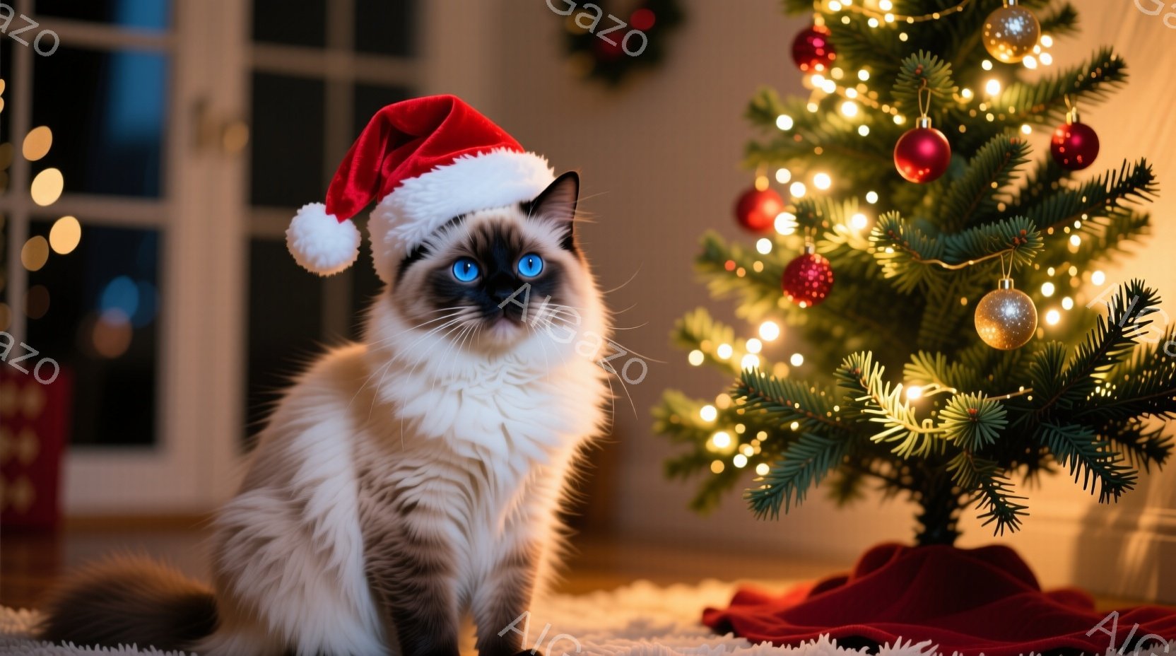 白と灰色の毛並みを持つ猫が、赤いサンタ帽をかぶって座っています。その表情はどこか凛々しく、正面をまっすぐ見つめています。背景にはクリスマスツリーが飾られ、温かく華やかなクリスマスの雰囲気が漂っています - AI生成フリー素材