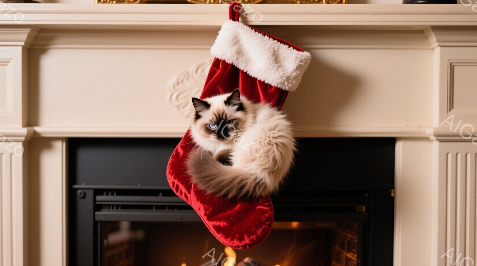 赤いクリスマスストッキングの中に、ふわふわとしたクリーム色の猫が丸まって入っています。猫は青い目を持ち、少し眠たげな表情をしています。ストッキングは暖炉の上のマントルピースに掛けられており、暖炉の中に - AI生成フリー素材