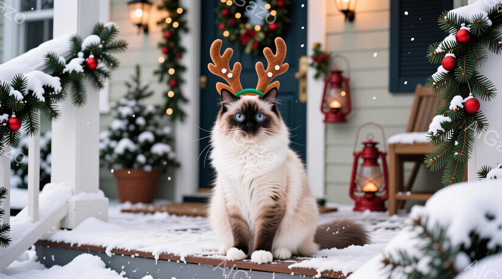 白と茶色の毛並みの猫が、小さな角の飾りを頭につけて、家の玄関の段差に座っています。背景にはクリスマスツリーやランタンが飾られ、雪が舞う冬の風景が広がっています。暖色系の照明と雪のコントラストが、温かく - AI生成フリー素材