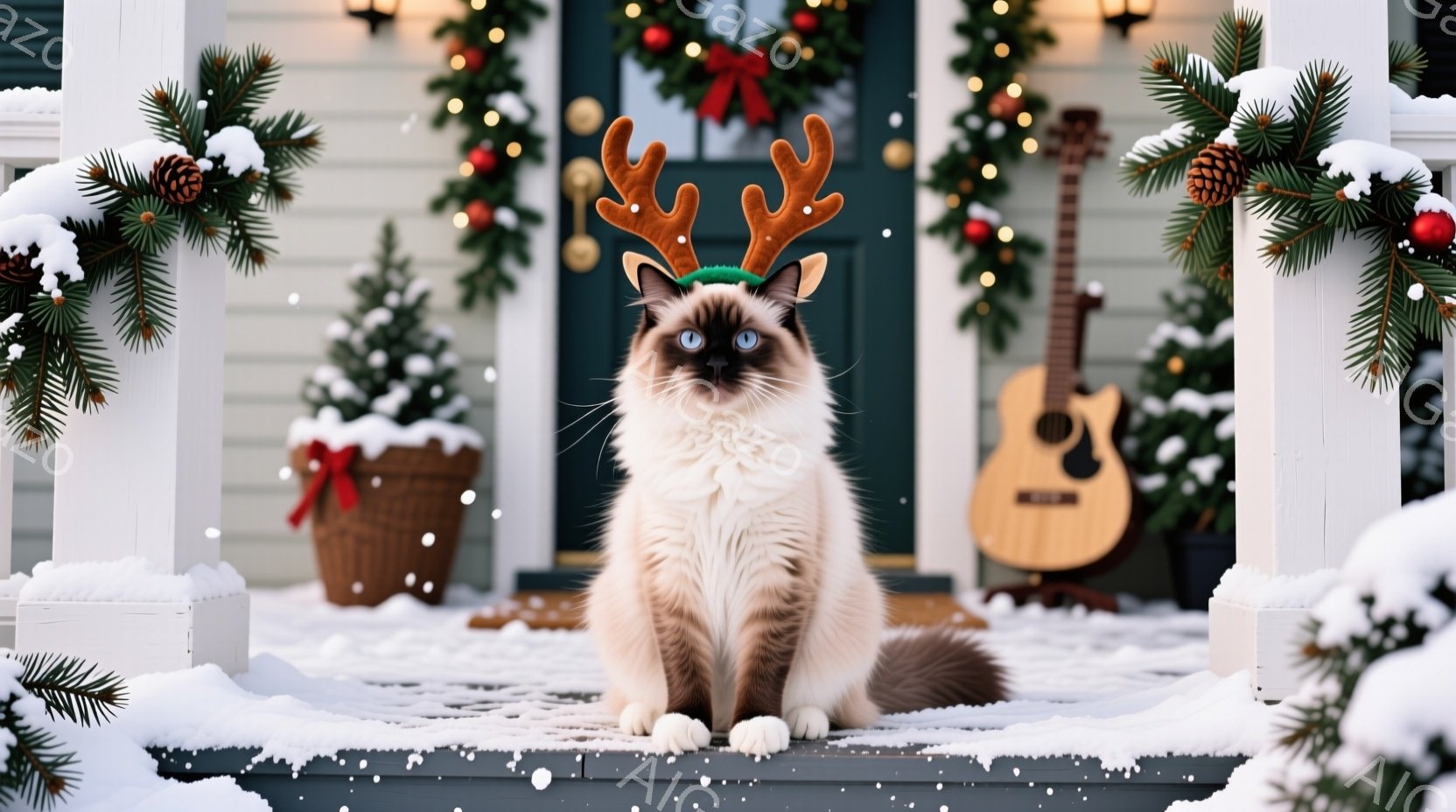 白と茶色の毛並みを持つシャム猫が、小さなトナカイの角を頭に乗せて正面を向いています。雪が舞うポーチの上に座っており、背景にはクリスマスツリーや飾り付けられたドアが見えます。全体的に温かく、お祝いムード - AI生成フリー素材