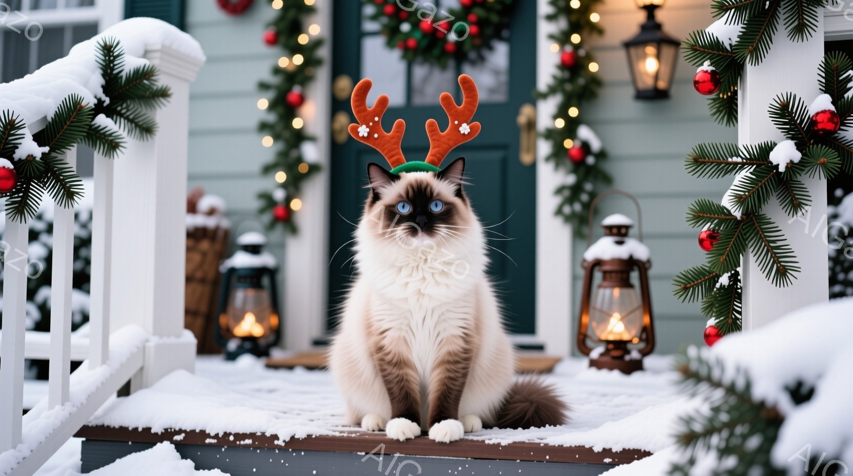 白とクリーム色の美しいシャム猫が、クリスマスを象徴するトナカイの角を付けて玄関のステップに座っています。背景には、クリスマスリースや光る電飾で飾られた家があり、雪が降り積もる冬の風景が広がっています。 - AI生成フリー素材