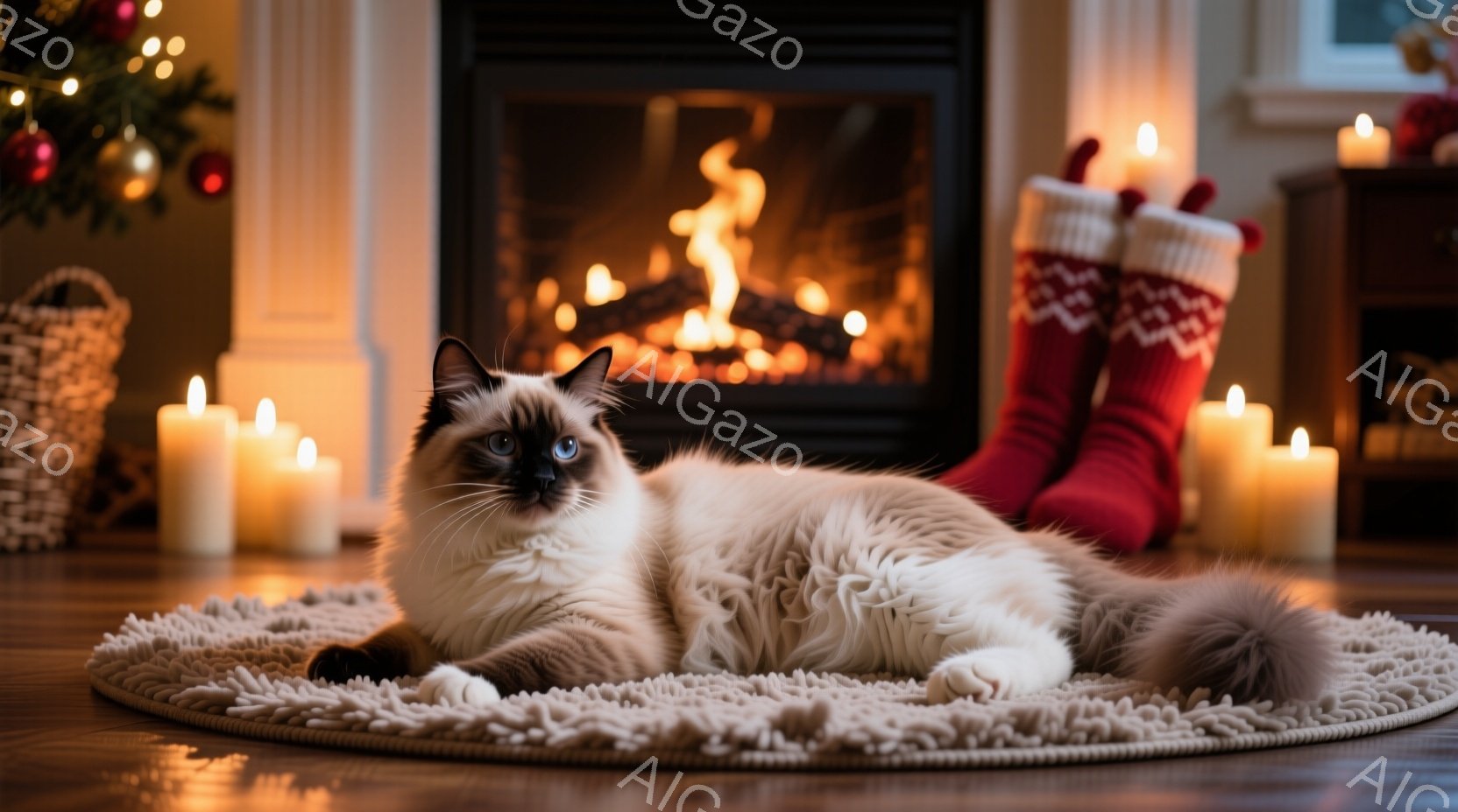 白と茶色の猫が丸いカーペットの上に横たわっており、青い目がカメラを見つめています。暖炉の火が背景で燃え、クリスマスツリーの飾りと数本のろうそくが温かい雰囲気を醸し出しています。赤いクリスマスソックスが - AI生成フリー素材