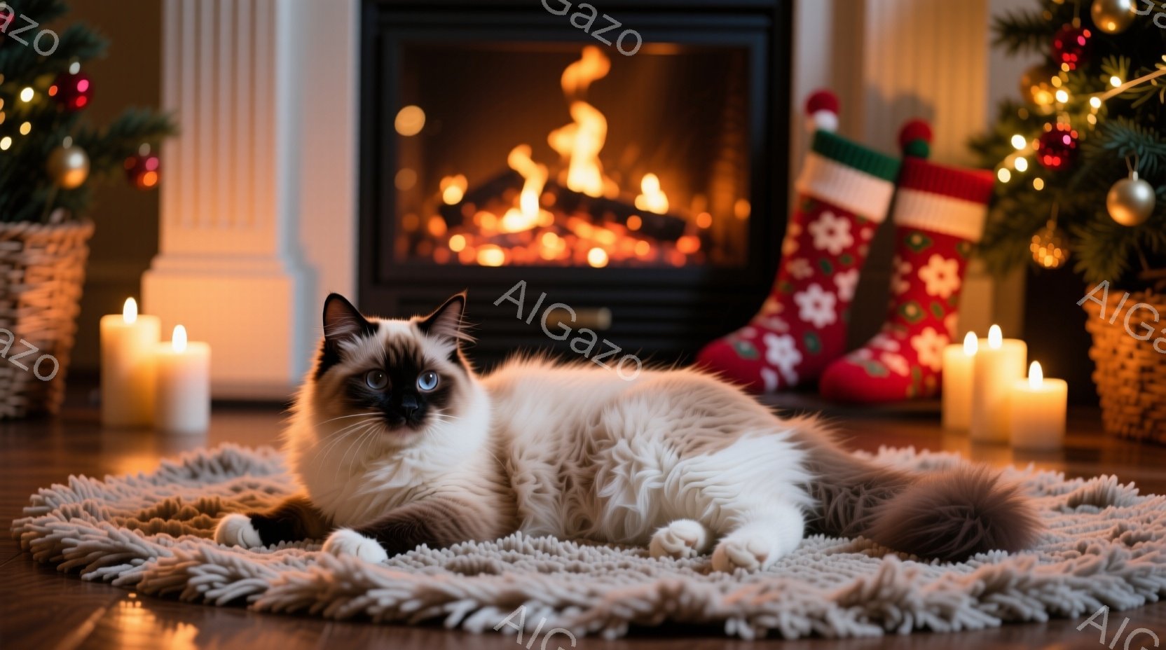 白いラグの上に、美しいシャム猫がゆったりと横たわっています。暖炉の炎が暖かく灯り、クリスマスツリーや赤い靴下が飾られ、冬の温かい雰囲気が漂っています。周りにはキャンドルが置かれ、リラックスした穏やかな - AI生成フリー素材