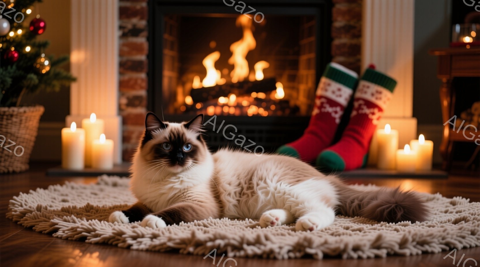 暖かい暖炉の前で、クリーム色のラグの上に美しいシャム猫が横たわっています。猫はゆったりとリラックスした姿勢で、青い瞳はカメラを見つめています。背景には、クリスマスツリーと赤い靴下、そして周囲を照らすキャンドルが並び、温かく居心地の良い冬の雰囲気を醸し出しています。