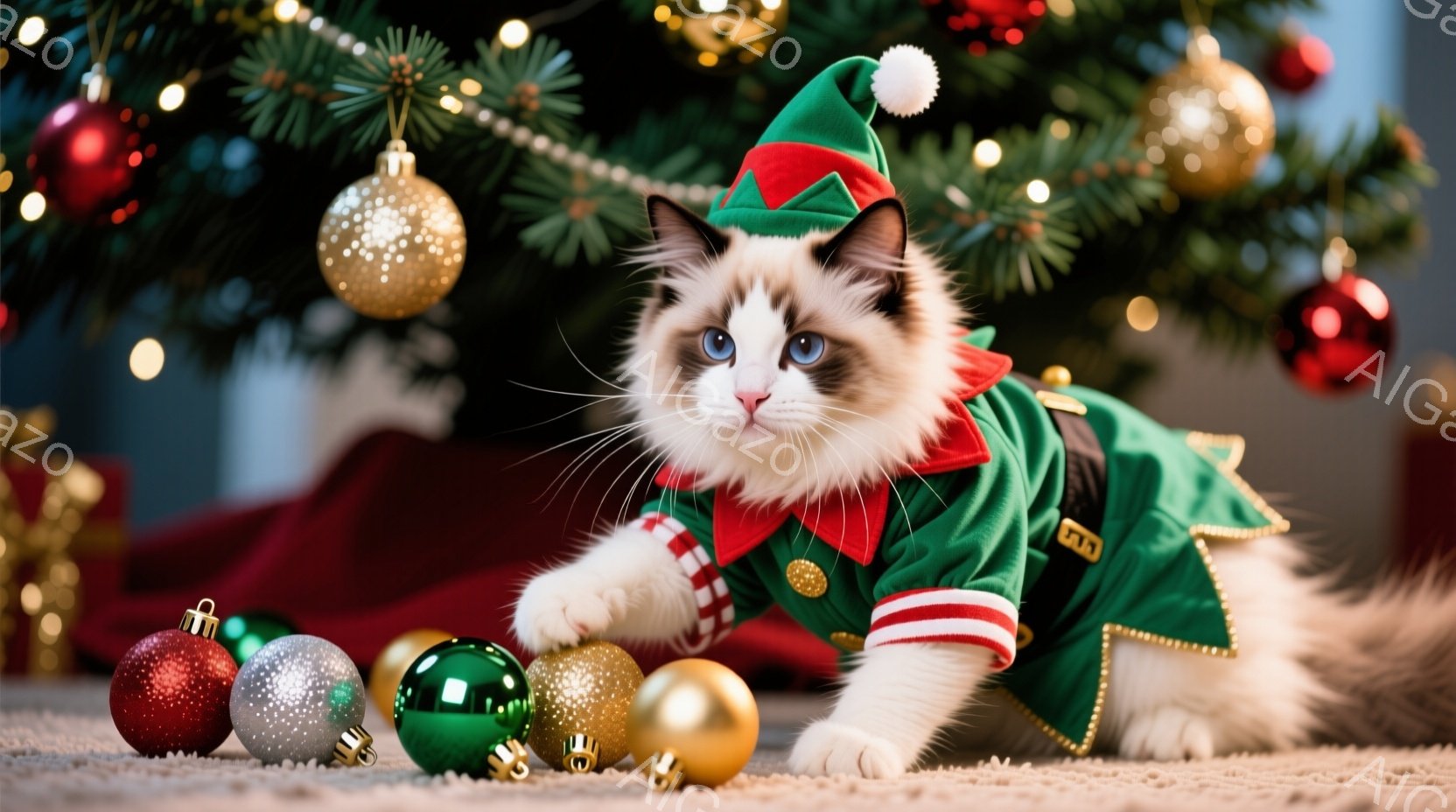 白と茶色の毛並みを持つ猫が、緑色のエルフの衣装を着て、クリスマスツリーの下で装飾ボールの周りにいます。猫は前足を伸ばして、遊び心のある表情でこちらを見ています。背景には、キラキラと輝くオーナメントで飾 - AI生成フリー素材