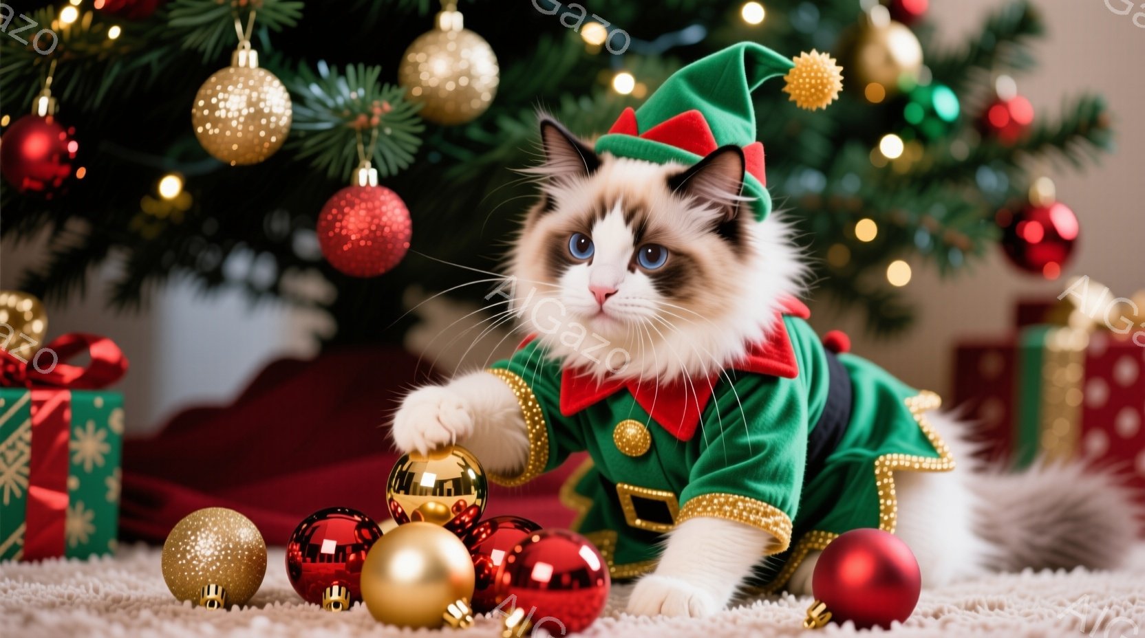 白と茶色の美しい猫が、緑色のエルフの衣装を着て、赤いオーナメントに前足を伸ばしています。背景には、赤、金、緑のクリスマスオーナメントで飾られたクリスマスツリーと、プレゼントボックスが見えます。全体的に - AI生成フリー素材