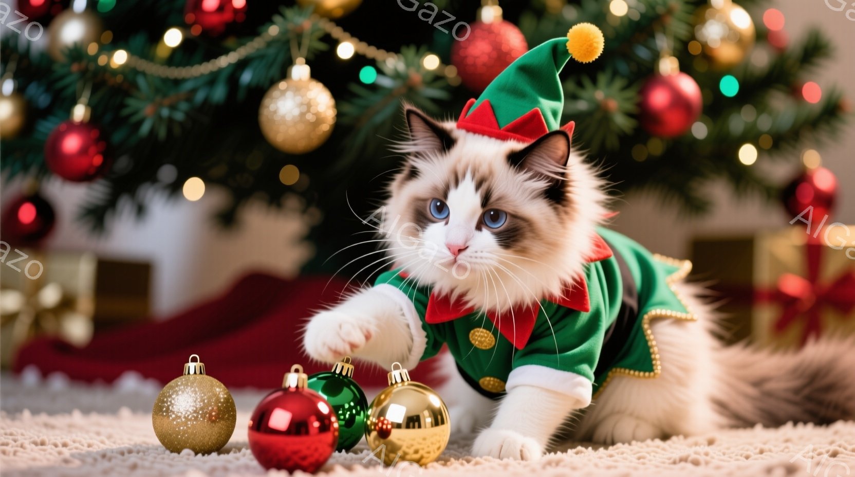 白と茶色の毛並みの猫が、クリスマスの緑色の衣装を着て、床に散らばった飾り玉に前足を伸ばしています。背景には、赤い、金色の、緑色の飾りで飾られたクリスマスツリーがぼやけて見え、暖かい光が全体を包んでいま - AI生成フリー素材