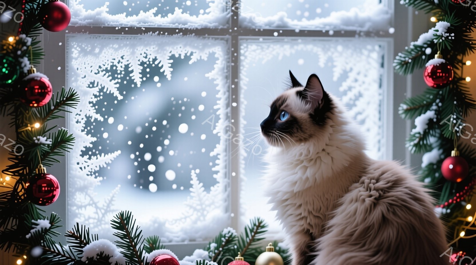 白い毛並みと青い瞳を持つシャム猫が、窓の外の雪景色を眺めている。窓辺にはクリスマスツリーの飾り付けが施され、雪が降る冬の穏やかな雰囲気が漂っている。猫はリラックスした姿勢で、静かに雪の舞う景色を楽しん - AI生成フリー素材