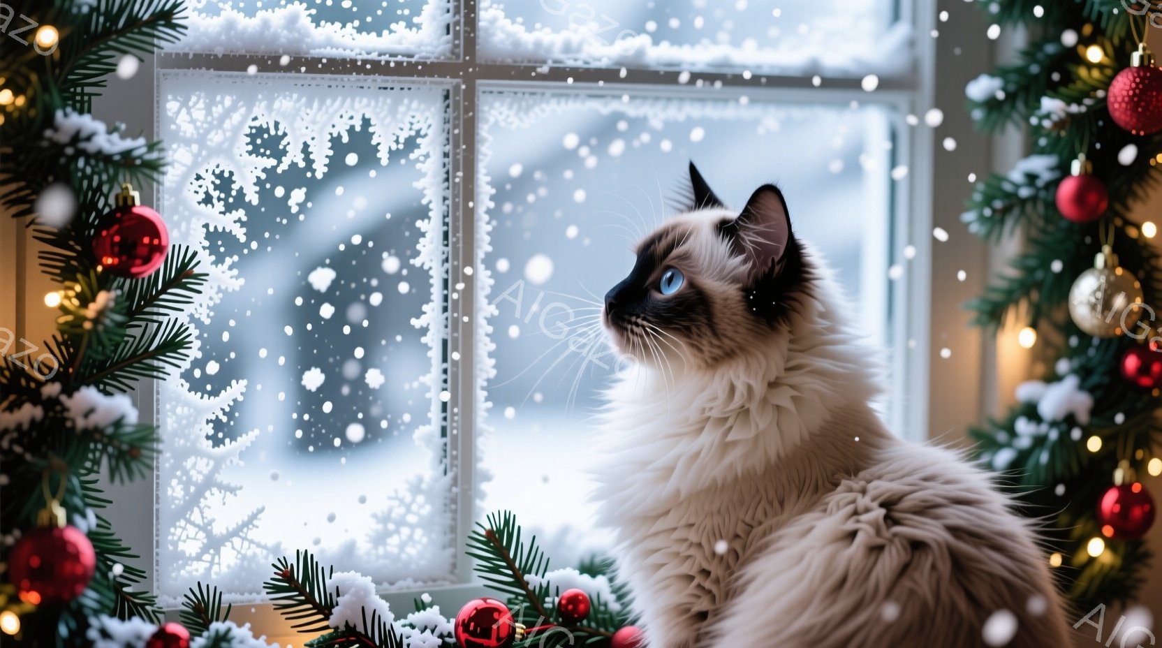 シベリアンハスキーのような毛並みのクリーム色の猫が窓の外の雪景色を眺めています。窓枠には霜が降りており、背景にはクリスマスツリーの緑と赤いオーナメントが飾られています。暖かく穏やかな冬の雰囲気で、猫は - AI生成フリー素材