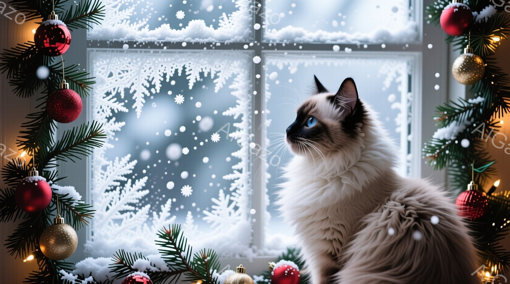 白い毛並みと青い瞳を持つシャム猫が、雪の降る窓辺で外を見つめている。クリスマスツリーの飾りと電飾が猫の周りを彩り、暖かく穏やかな雰囲気を醸し出している。背景には雪景色が広がり、冬の静寂と祝祭の喜びが感 - AI生成フリー素材