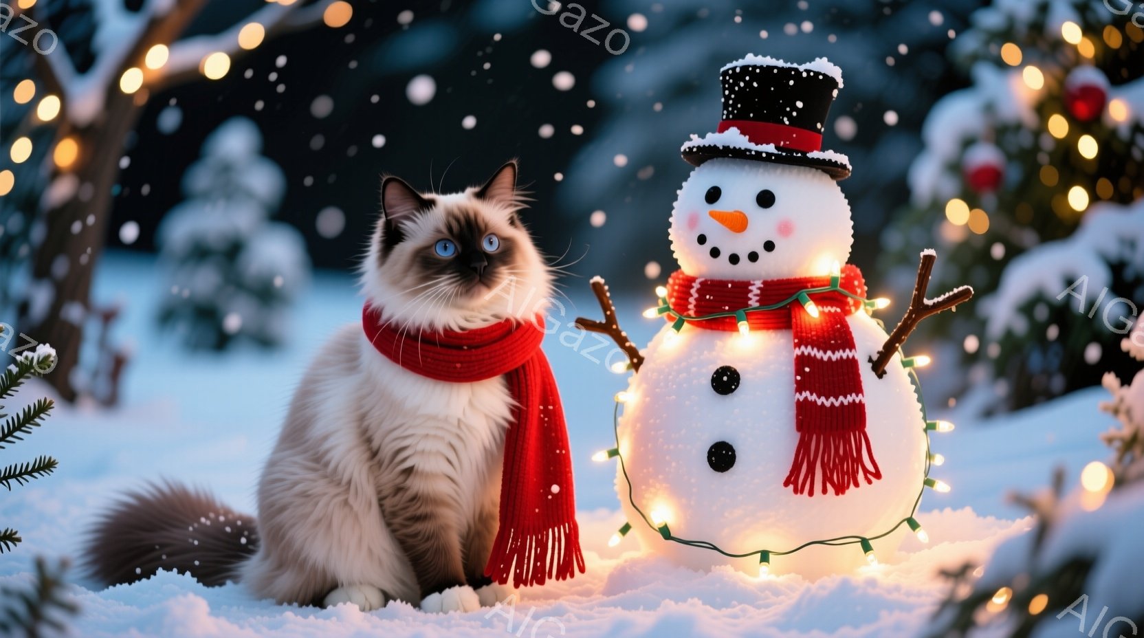 白とクリーム色の毛並みが美しいシャム猫が雪の中に座り、赤いフリンジ付きのマフラーを巻いています。猫は正面を見据え、穏やかな表情を浮かべており、その隣にはクリスマスライトで飾られた雪だるまが立っています - AI生成フリー素材
