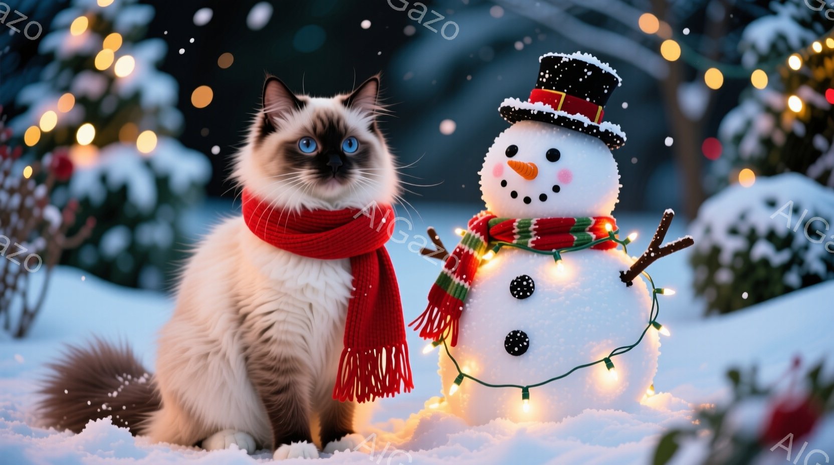 長毛のシャム猫が雪の上に座り、赤いマフラーを巻いている。背景には雪だるまが飾られており、点滅する電飾で縁取られている。雪が舞う夜の穏やかで幻想的な冬の雰囲気が漂っている。 - AI生成フリー素材