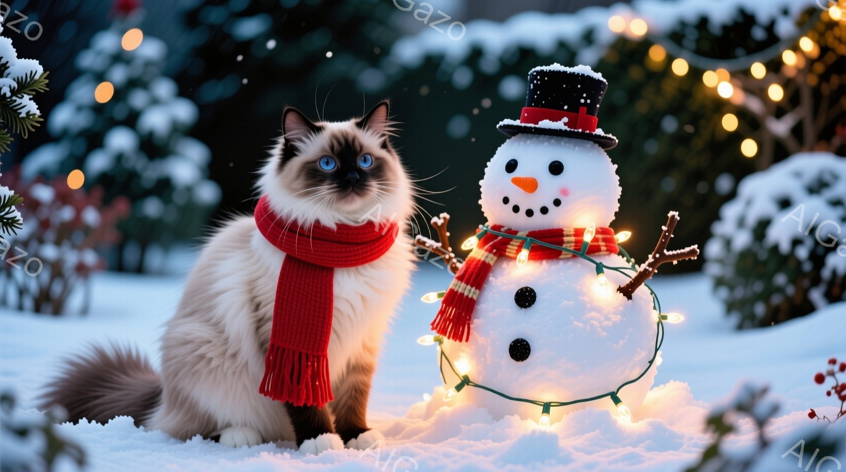 白とクリーム色の長毛の猫が赤いマフラーを巻いて雪の上に座っています。隣には雪だるまが立っており、帽子をかぶり、にんじんの鼻と石ころのような目で、笑顔を見せています。背景には雪に覆われた木々があり、暖か - AI生成フリー素材