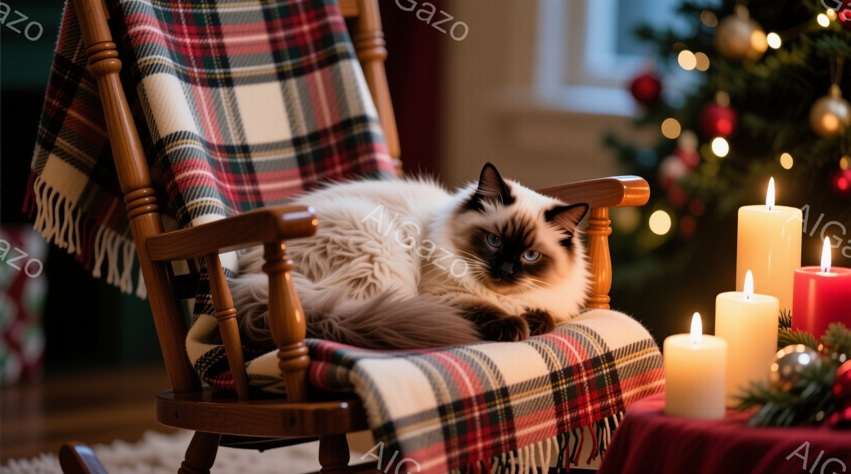 白いラグドール猫が、赤いチェック柄のブランケットをかけたロッキングチェアにゆったりと横たわっています。背景にはぼやけたクリスマスツリーと、灯されたキャンドルがあり、暖かく穏やかな雰囲気を醸し出しています。猫はリラックスした表情で、くつろぎのひとときを過ごしている様子が伺えます。