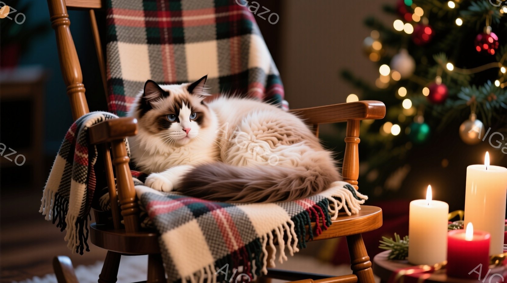 揺り椅子に座った、ふわふわの毛並みの茶トラと白の猫が写っている。背景にはぼやけたクリスマスツリーと、暖かく灯ったキャンドルが見え、穏やかでリラックスしたクリスマスの雰囲気を醸し出している。猫はゆったりとくつろぎ、穏やかな表情でカメラを見つめている。