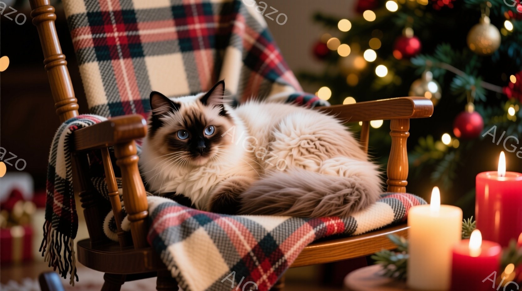 シベリアンハスキーのような毛並みの猫が、赤い格子柄のブランケットが掛けられたロッキングチェアにゆったりと座っている。背景にはぼやけたクリスマスツリーと、灯りの温かさを感じるキャンドルが置かれている。全 - AI生成フリー素材
