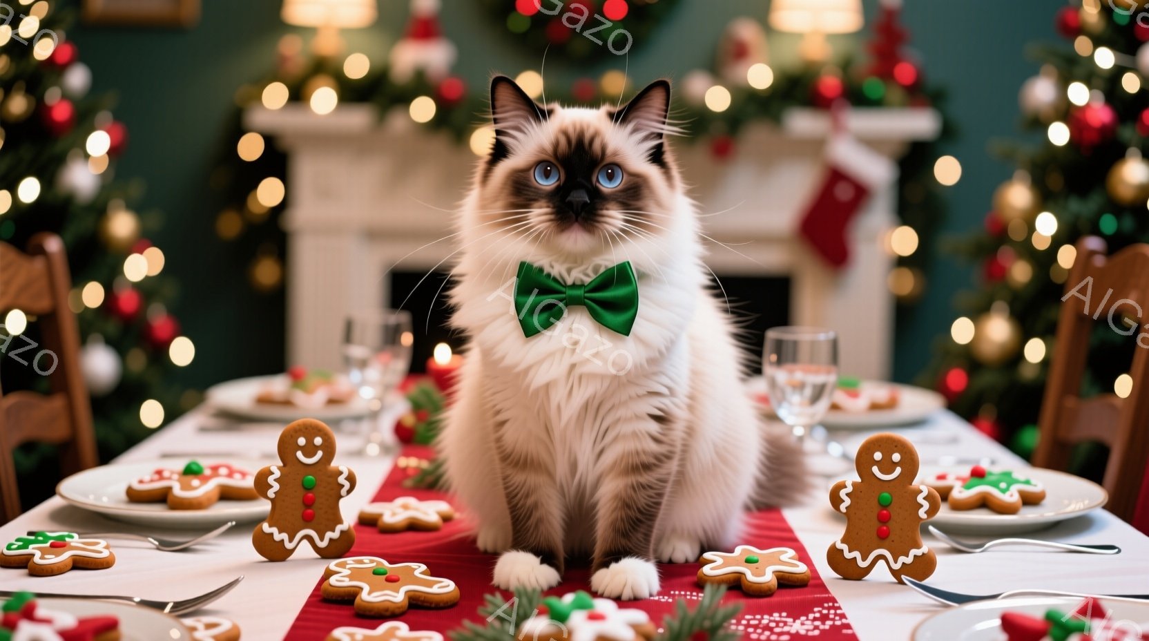 白と茶色の毛並みの猫が、クリスマスをテーマにした食卓の真ん中に座っており、緑のリボンタイを着用しています。背景には、飾り付けられたクリスマスツリーと暖炉が見え、テーブルにはジンジャーブレッドマンのクッ - AI生成フリー素材
