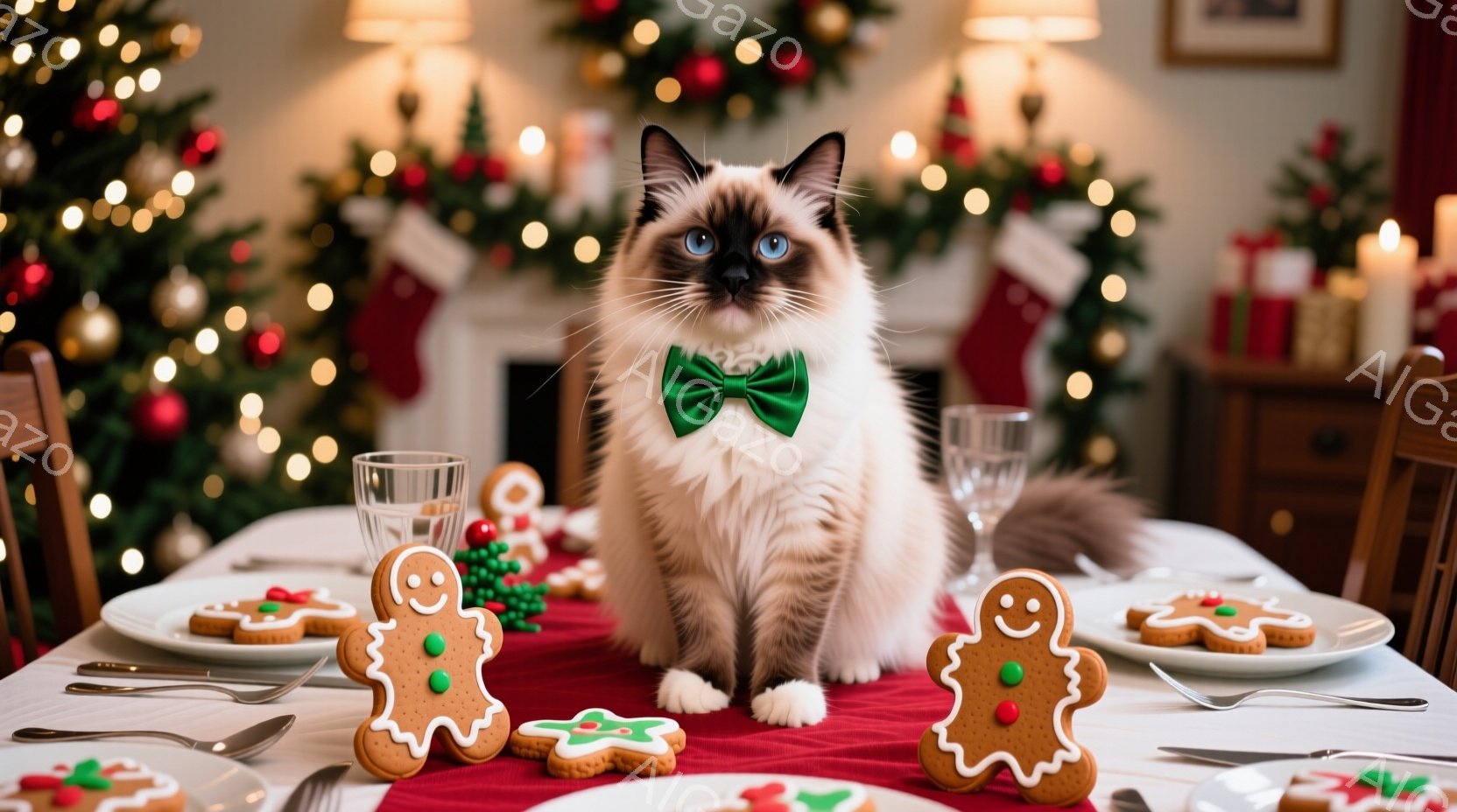 白と茶色の毛並みが美しい猫が、クリスマスの食卓の中心で優雅に座っています。緑のリボンタイをつけ、まるでパーティーのホストのような堂々とした姿を見せています。背景にはクリスマスツリーや暖炉、装飾が施されたストッキングが映り、温かく華やかなクリスマスの雰囲気を醸し出しています。