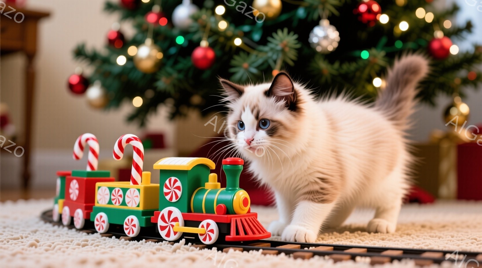 白い毛並みのキティが、クリスマスツリーのそばでカラフルな電車のおもちゃを見つめています。キティは少しうつむき、前足で電車に触れようとしているようです。背景には、飾り付けられたクリスマスツリーがあり、温かく、お祝いの雰囲気が漂っています。