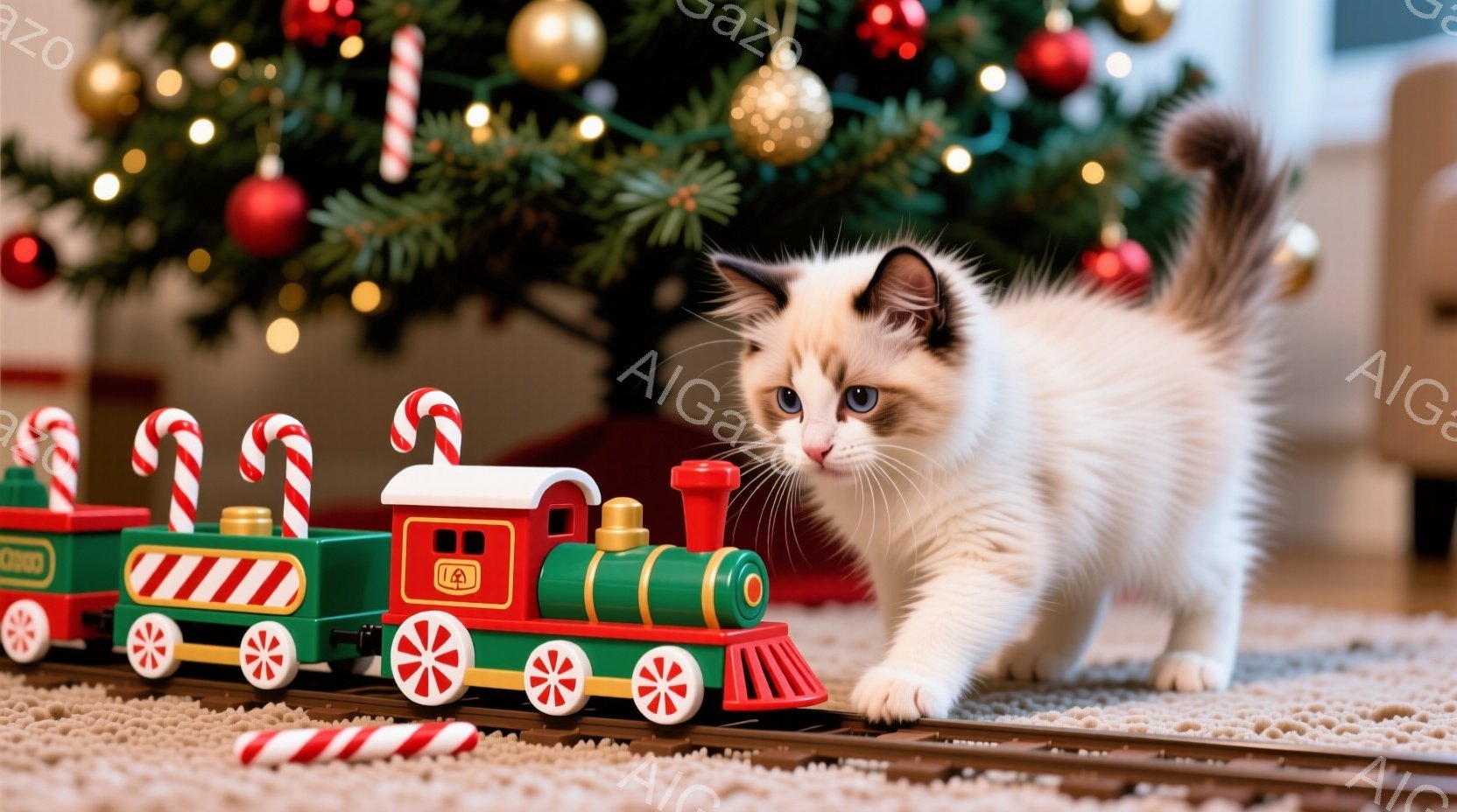 白と茶色の毛並みの小さな子猫が、クリスマスツリーの近くのカーペットの上で、緑と赤の装飾が施されたおもちゃの列車に向かって歩いています。列車はキャンディケーンのような装飾が施されており、全体的に暖かく、 - AI生成フリー素材