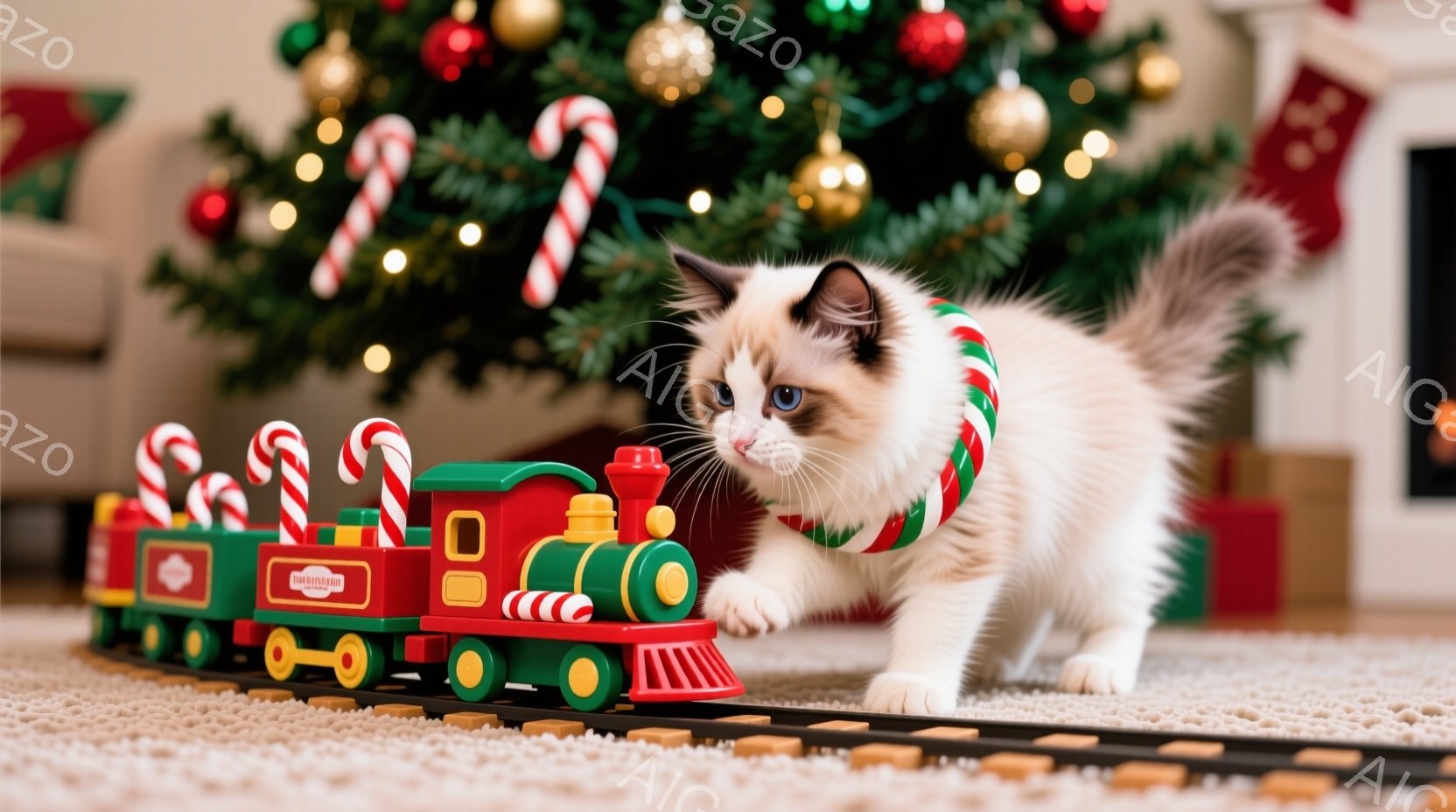 白と茶色のキジトラ猫が、クリスマス風の赤い蒸気機関車のおもちゃの前に立っており、赤い縁取りと緑色のストライプが入ったクリスマス柄の首輪をつけています。猫は青い目を持ち、少し前かがみの姿勢で何かを見つめ - AI生成フリー素材