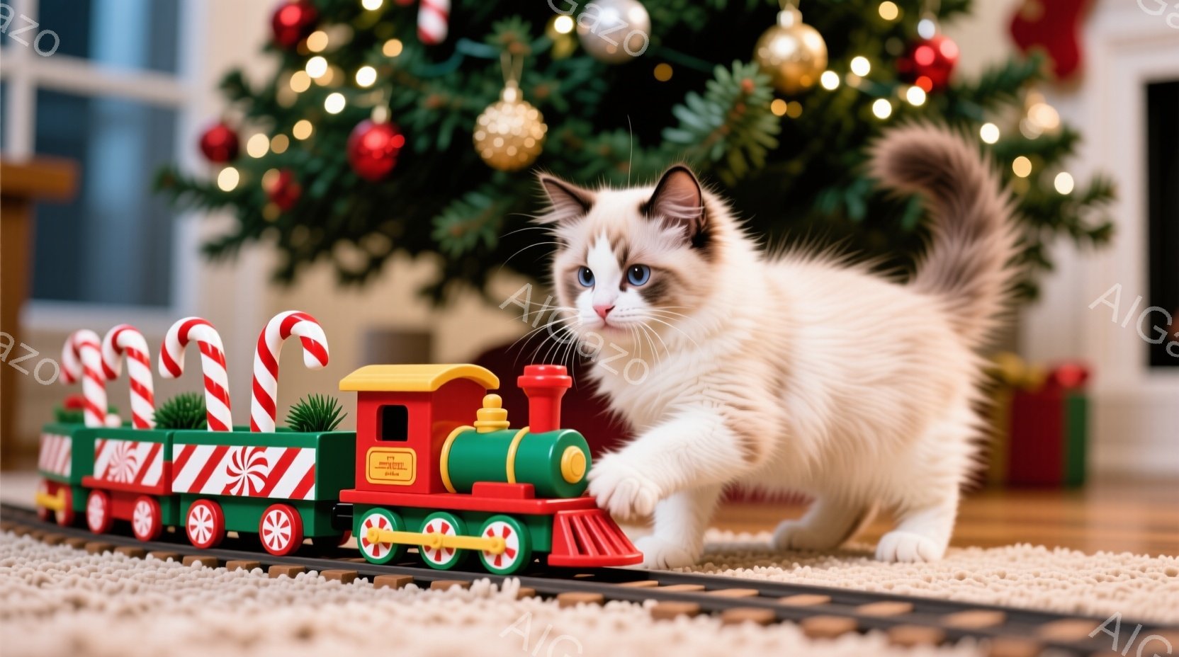 白い毛並みの美しい猫が、クリスマスツリーのそばのレールの上を歩いています。猫は前足を上げて、赤い列車のおもちゃに興味津々で、好奇心に満ちた表情をしています。背景には、飾り付けられたクリスマスツリーとプ - AI生成フリー素材