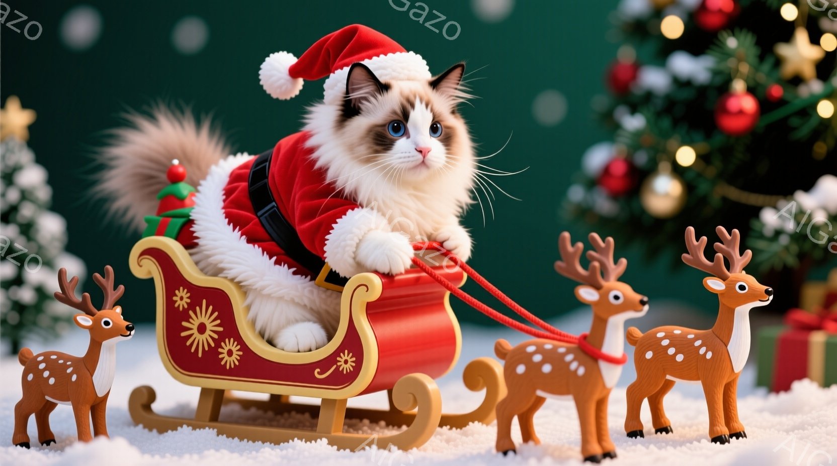 白い毛並みに青い瞳を持つ、サンタの帽子をかぶった猫が、赤いソリに乗って微笑んでいます。ソリは小さなトナカイのおもちゃたちに引かれ、背景には緑色のクリスマスツリーが飾られています。雪が積もった白い地面と - AI生成フリー素材