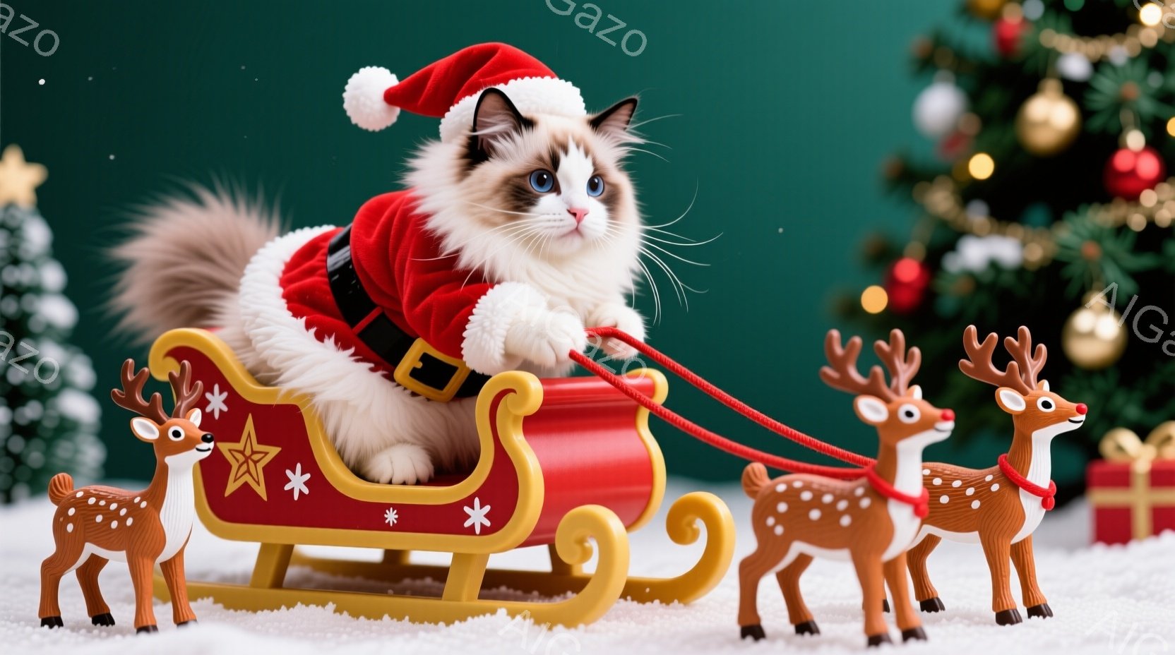 白と茶色の美しい猫が、赤いサンタの衣装を着てソリに乗っています。ソリは金色の装飾が施され、小さな星が散りばめられています。背景には緑色のクリスマスツリーとプレゼントがあり、雪が降る冬の暖かくお祝いの雰 - AI生成フリー素材