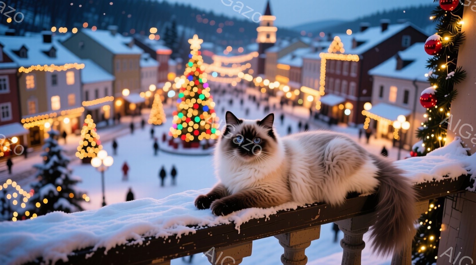 シベリアンハスキーのような毛並みの美しい猫が、雪で覆われたバルコニーの手すりに座ってこちらを見ている。背景には、クリスマスツリーやイルミネーションで飾られた雪景色が広がり、多くの人々が歩いているのが見 - AI生成フリー素材
