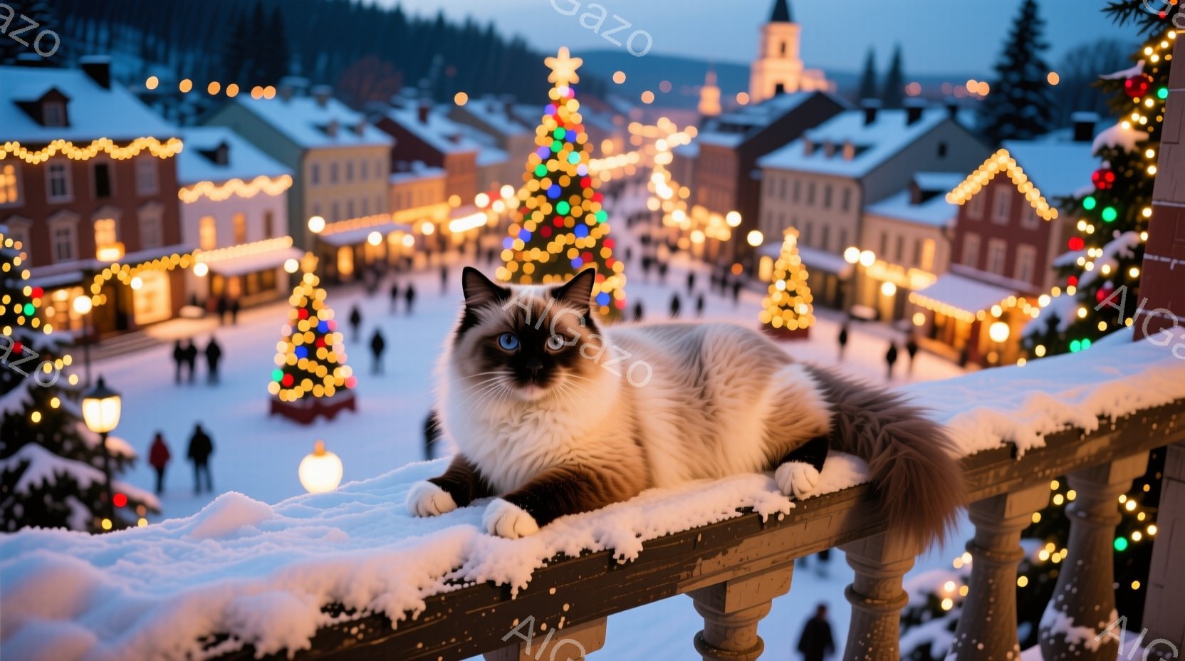 白と黒の美しいシャム猫が、雪で覆われた柵の上で悠々と横たわっています。背景には、クリスマスツリーやイルミネーションで飾られた可愛らしい建物が並び、雪景色の中に温かい光が広がっています。全体的に、静かで - AI生成フリー素材