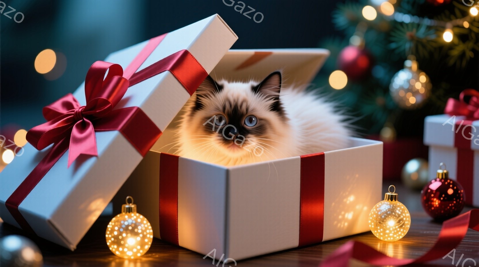 白いギフトボックスの中に、美しいシャム猫が丸まって座っています。猫は青い目を持ち、少し好奇心とリラックスした表情をしています。背景にはクリスマスツリーのぼんやりとした光と、明るく光るオーナメントが散り - AI生成フリー素材